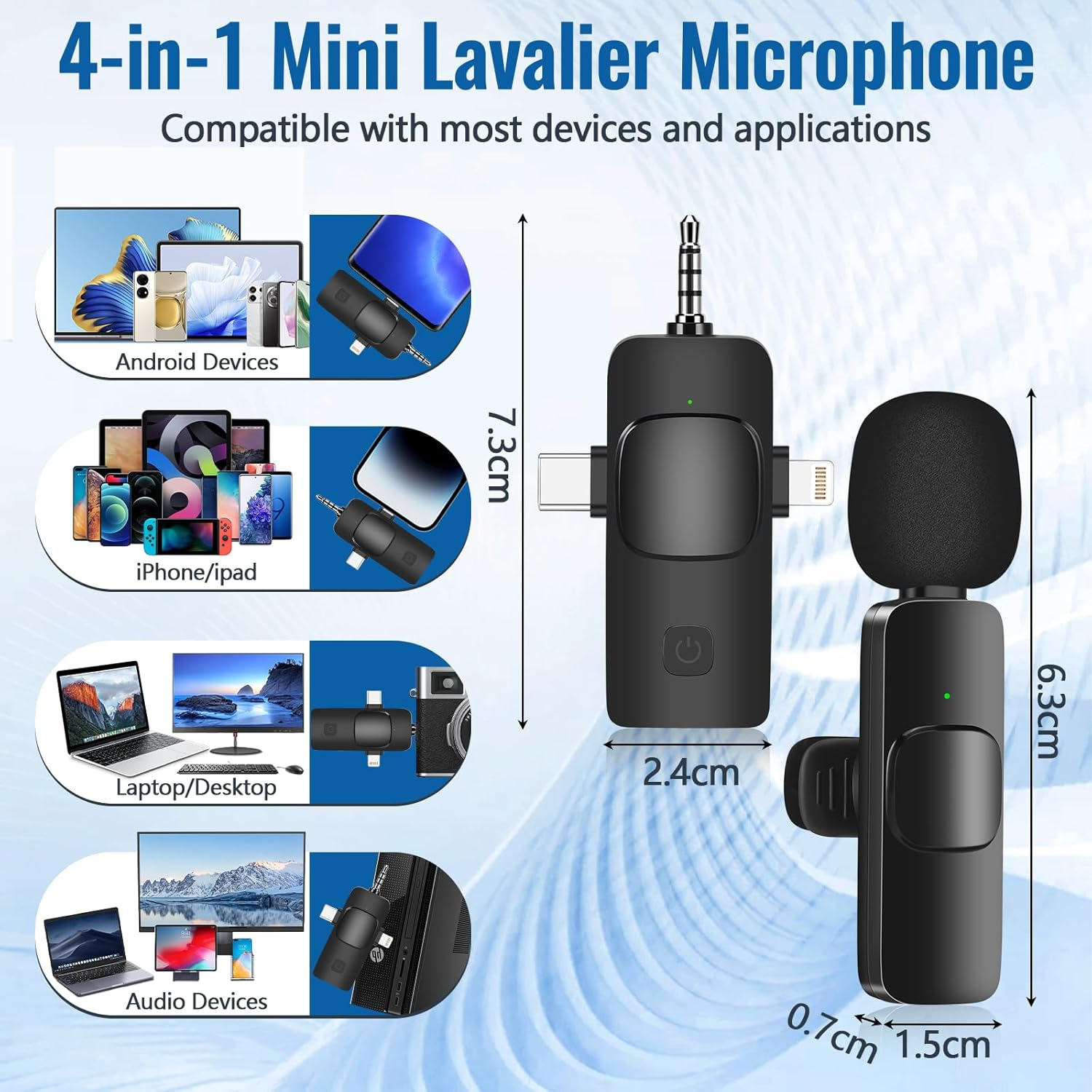 Ein 4-in-1 Mini-Lavaliermikrofon mit USB-C-, Lightning- und 3,5-mm-Anschlüssen. Maße: 7,3x2,4x1,5cm.