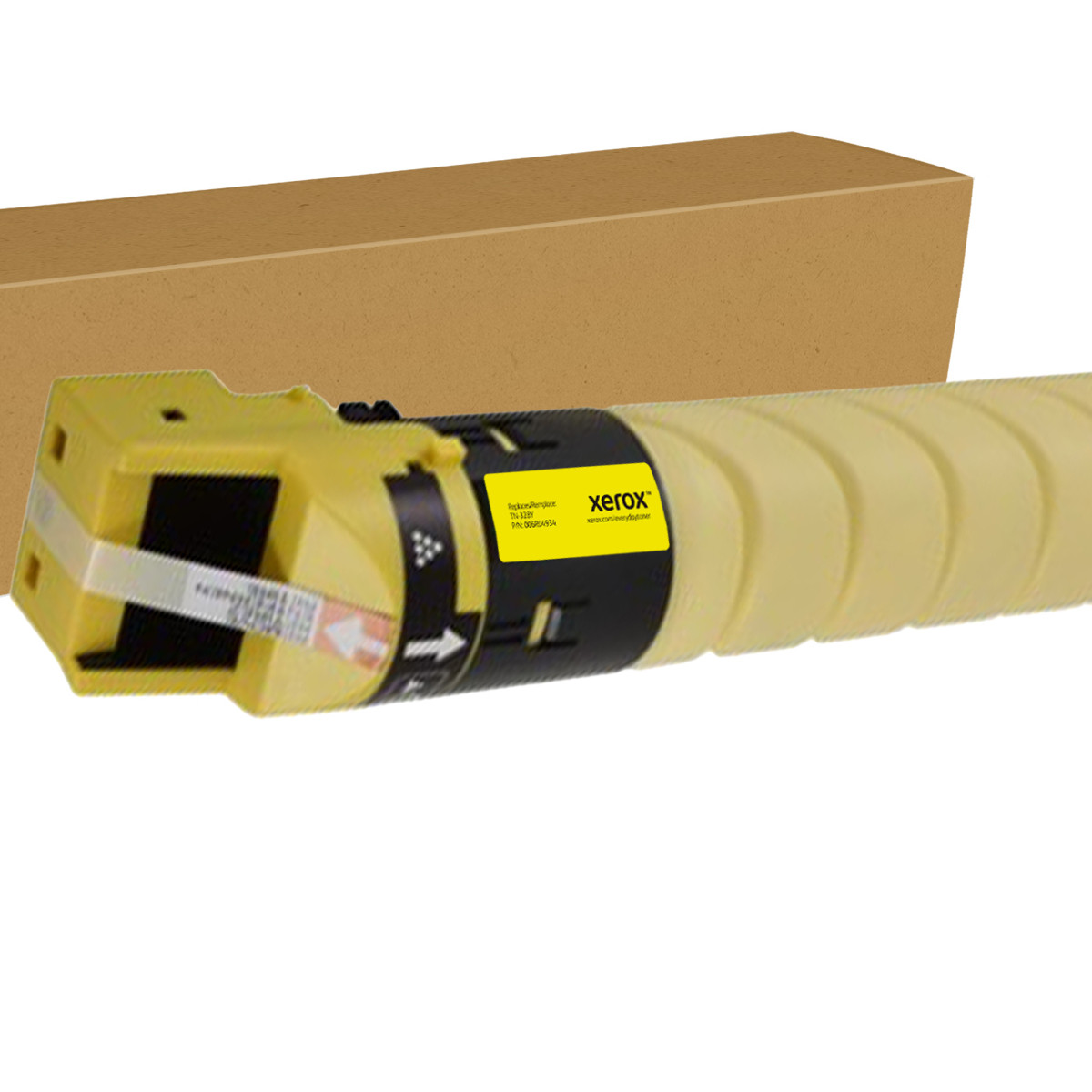 Gele Xerox toner cartridge met zwarte kop, naast een bruine doos rechts.