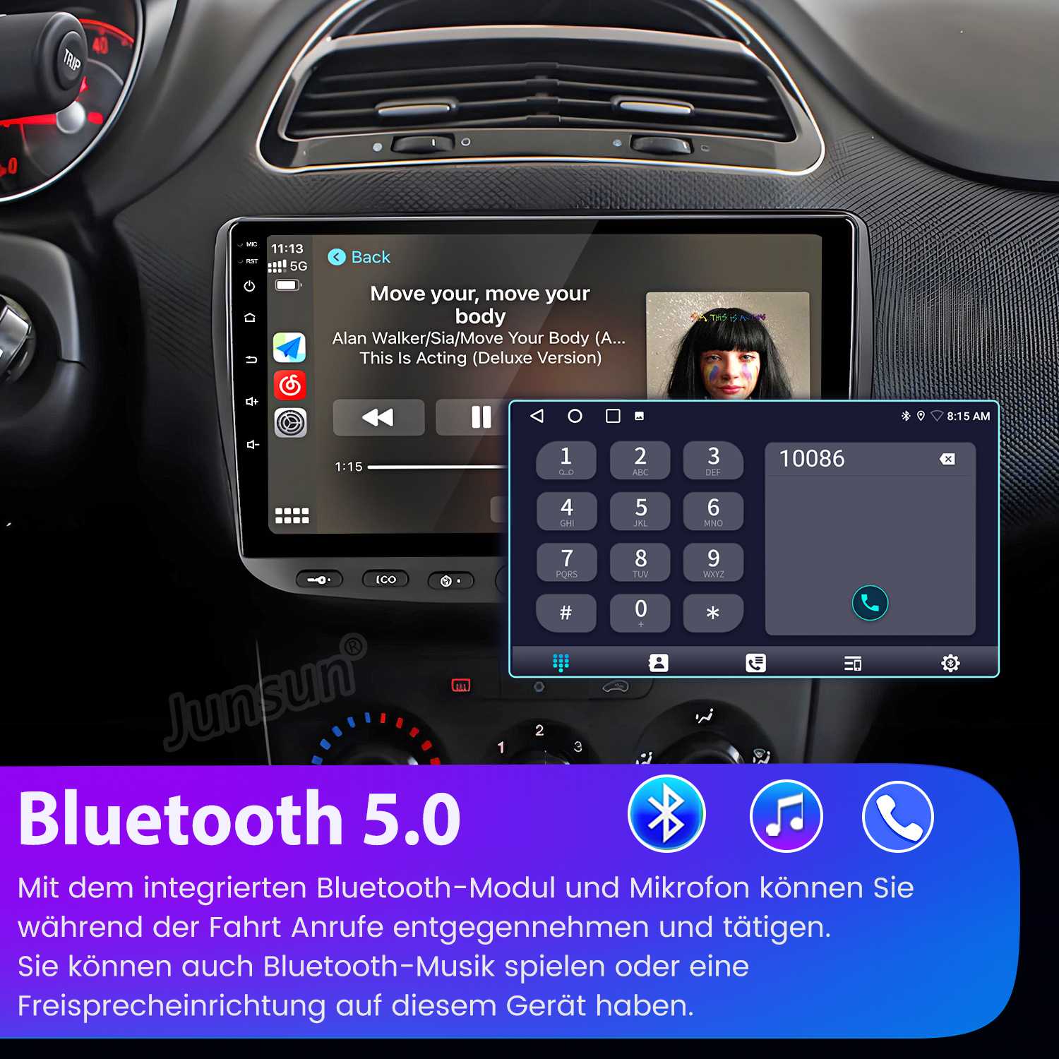 Ein Autoradio mit Touchscreen zeigt Musikwiedergabe und ein Ziffernfeld an.