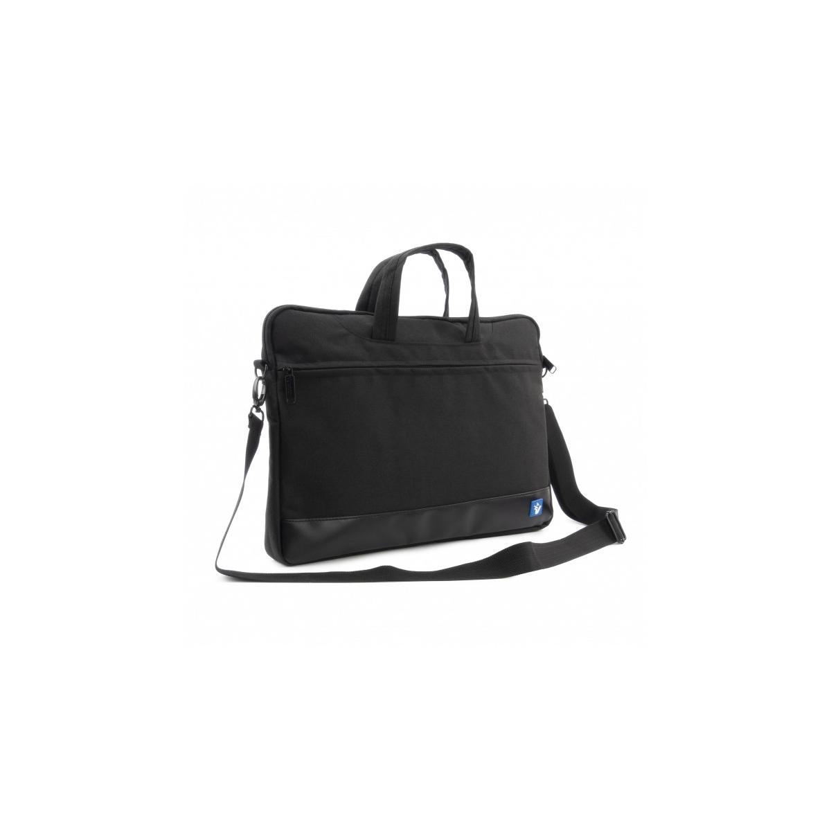 Borsa nera per laptop con manici e tracolla, su sfondo bianco.