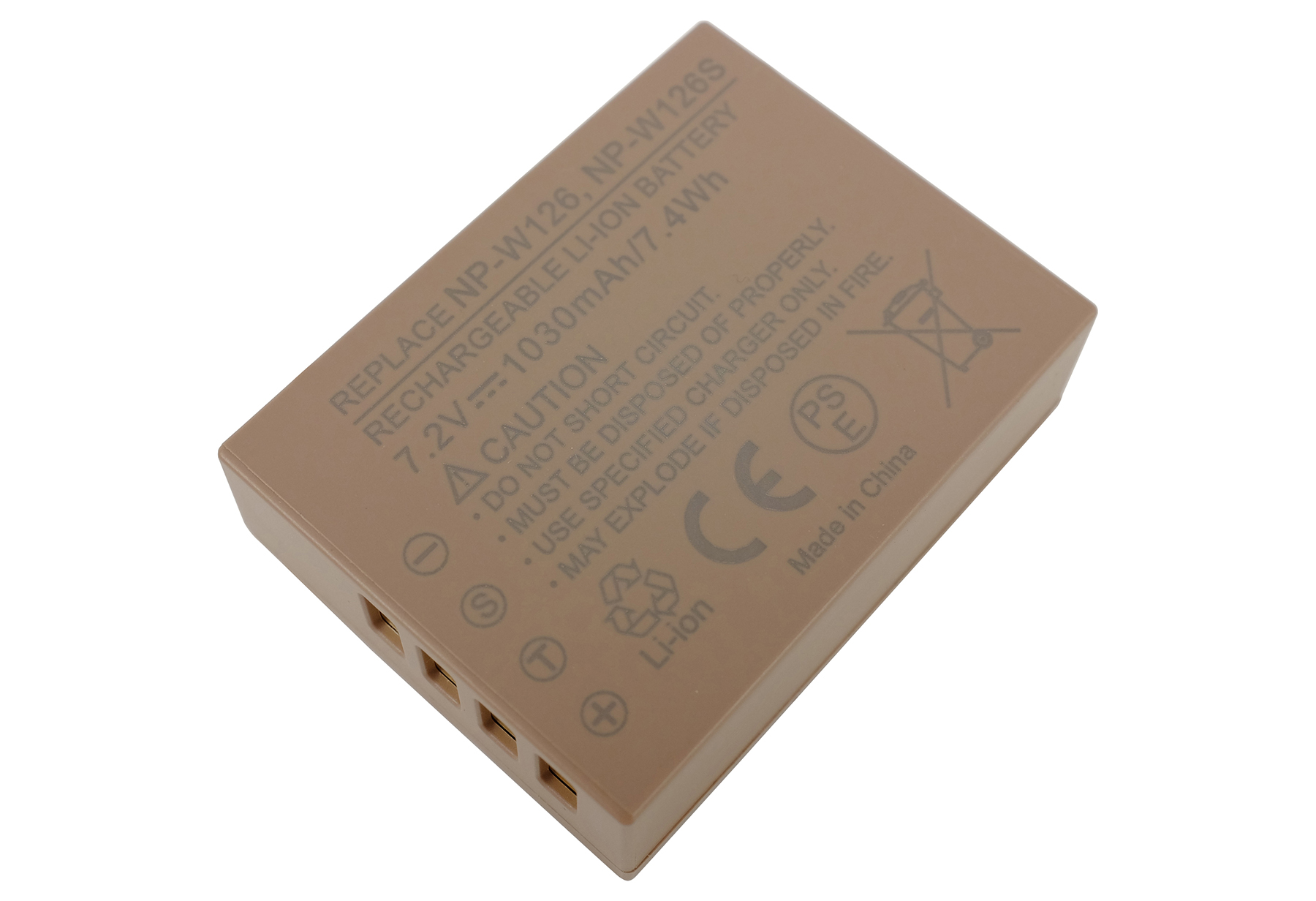 Brauner Li-Ionen-Akku mit Beschriftung: NP-W126S, 7.2V, 1030mAh.