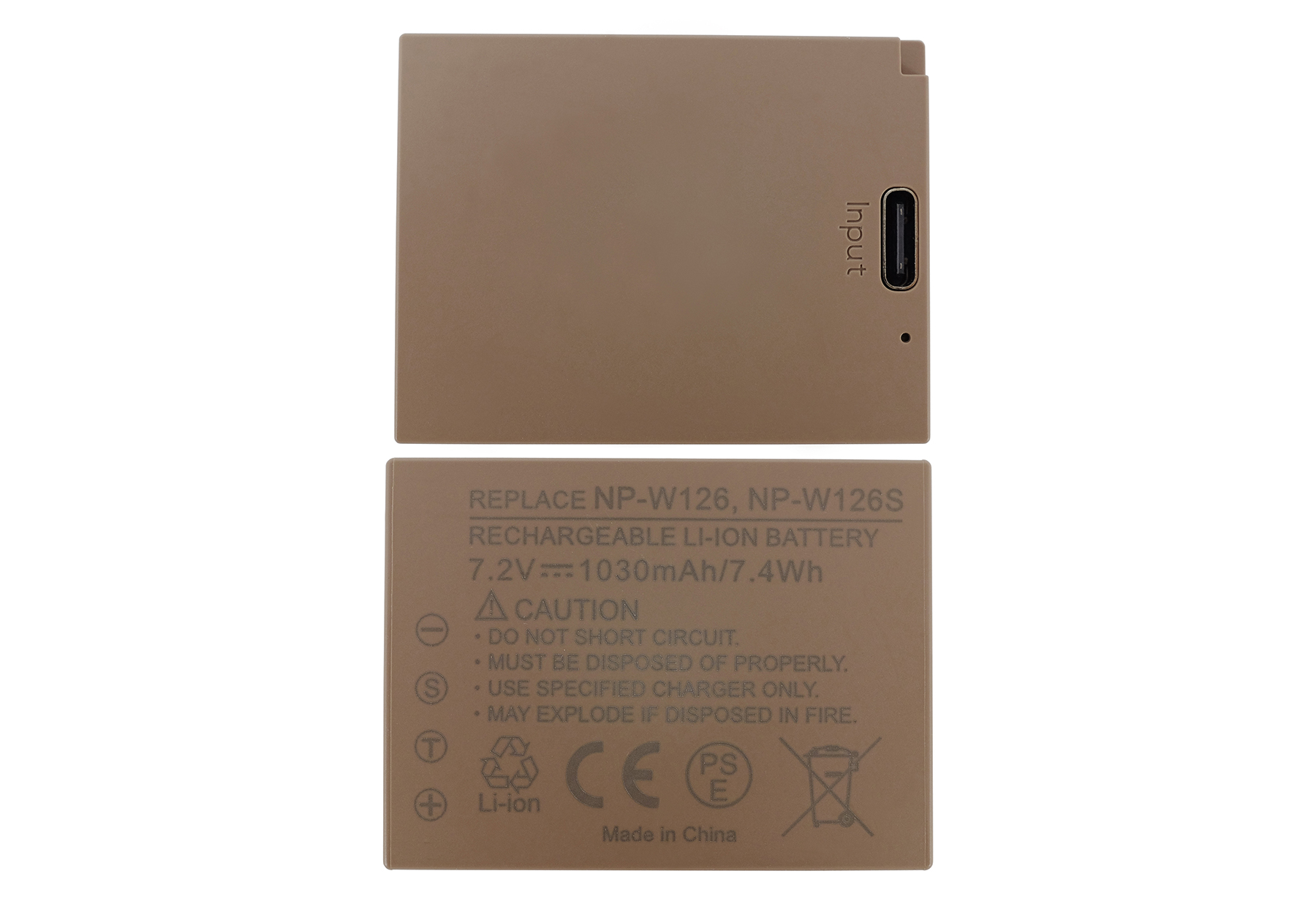 Zwei braune Akkus. Einer mit USB-C-Anschluss, der andere mit Warnhinweisen.
