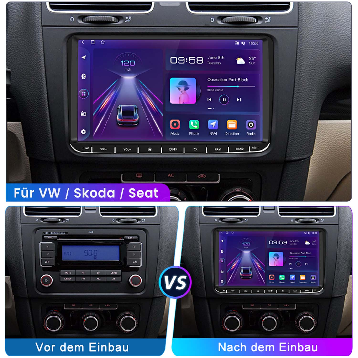 Vorher/Nachher Vergleich eines Autoradios für VW, Skoda, Seat.