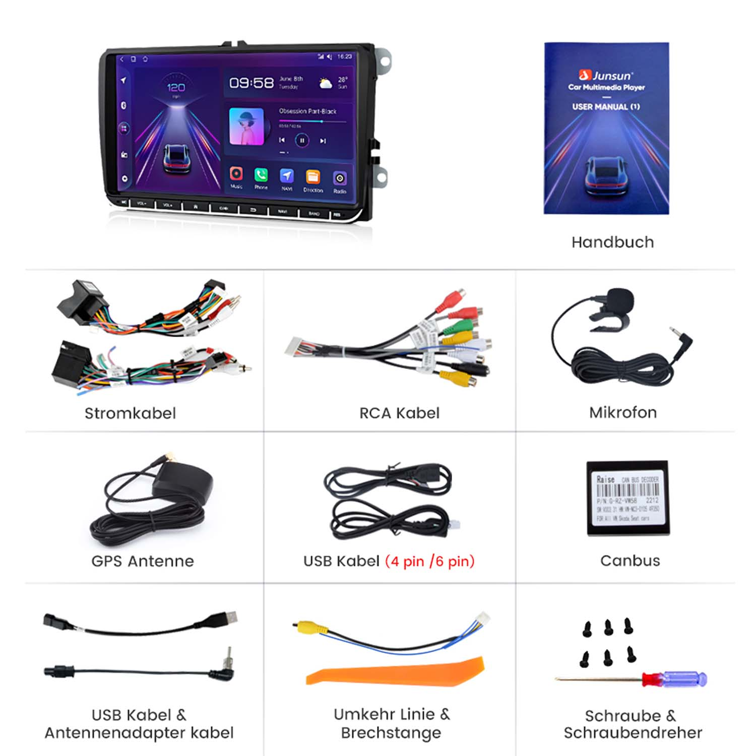 Autoradio, Handbuch, Kabel, GPS-Antenne, USB-Kabel, Mikrofon und Schrauben.