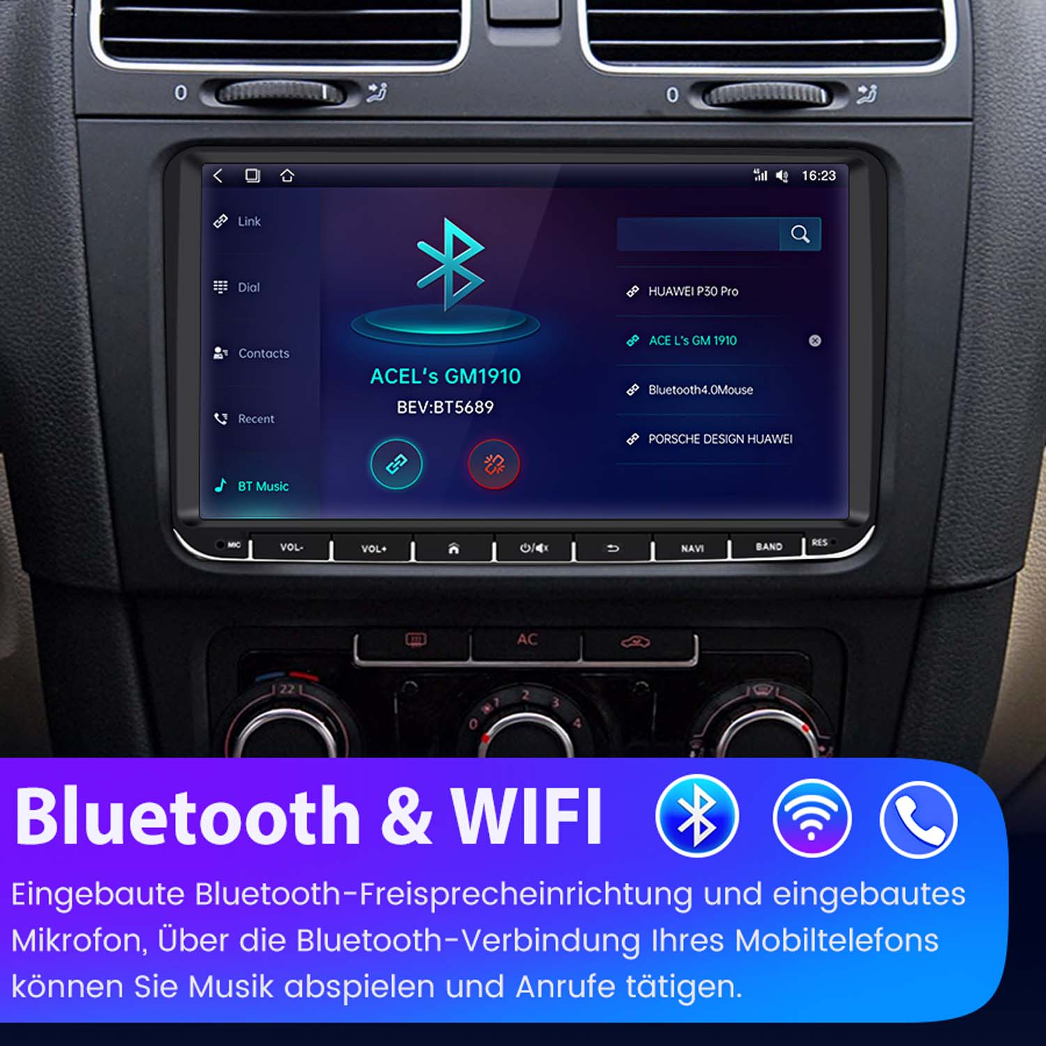 Ein Autoradio-Bildschirm zeigt Bluetooth-Geräte an, mit Symbolen für Bluetooth, WLAN und Anrufe.