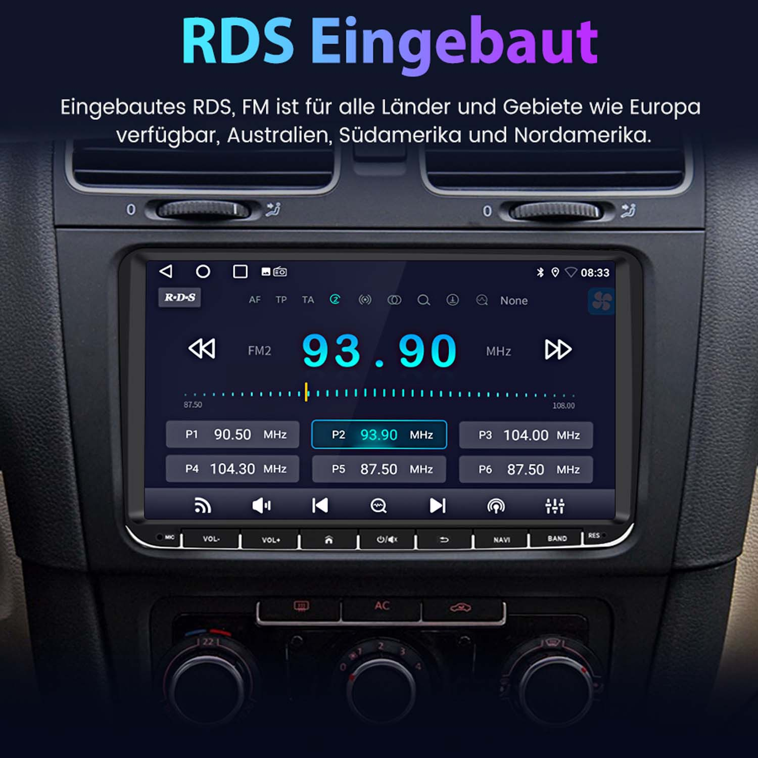 Einbau-RDS-Radio in einem Auto, zeigt 93.90 MHz und Sender-Presets.