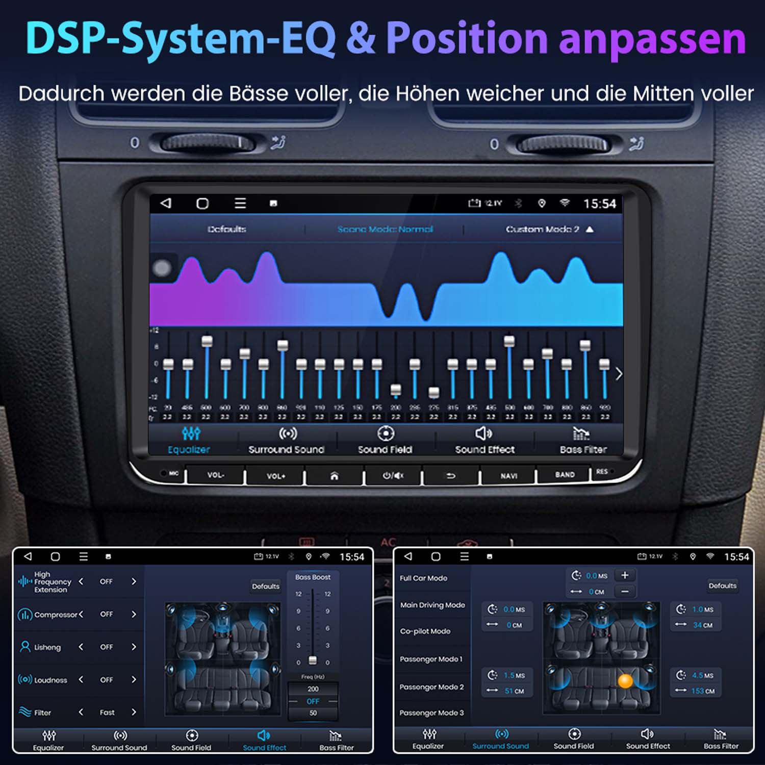 Autodisplay zeigt Equalizer, Sound-Einstellungen und Sitzpositionen an.