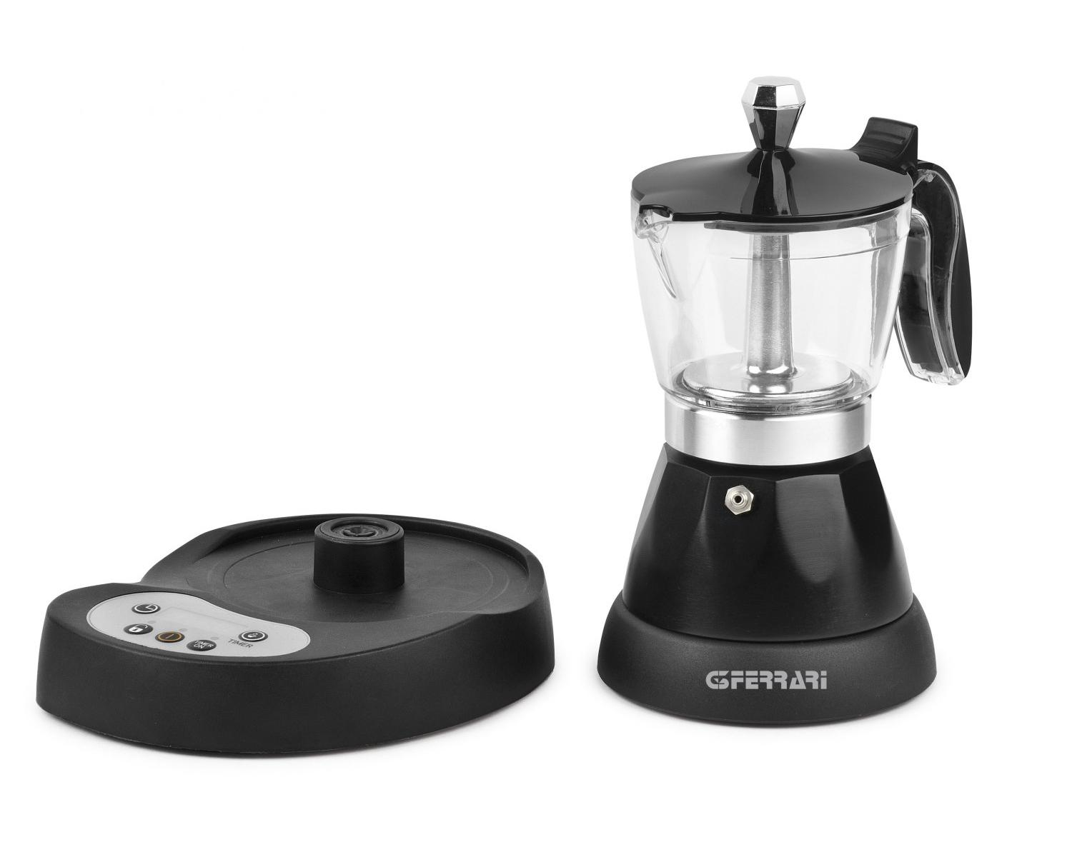 Cafetera espresso negra con cámara de vidrio y base con botones.