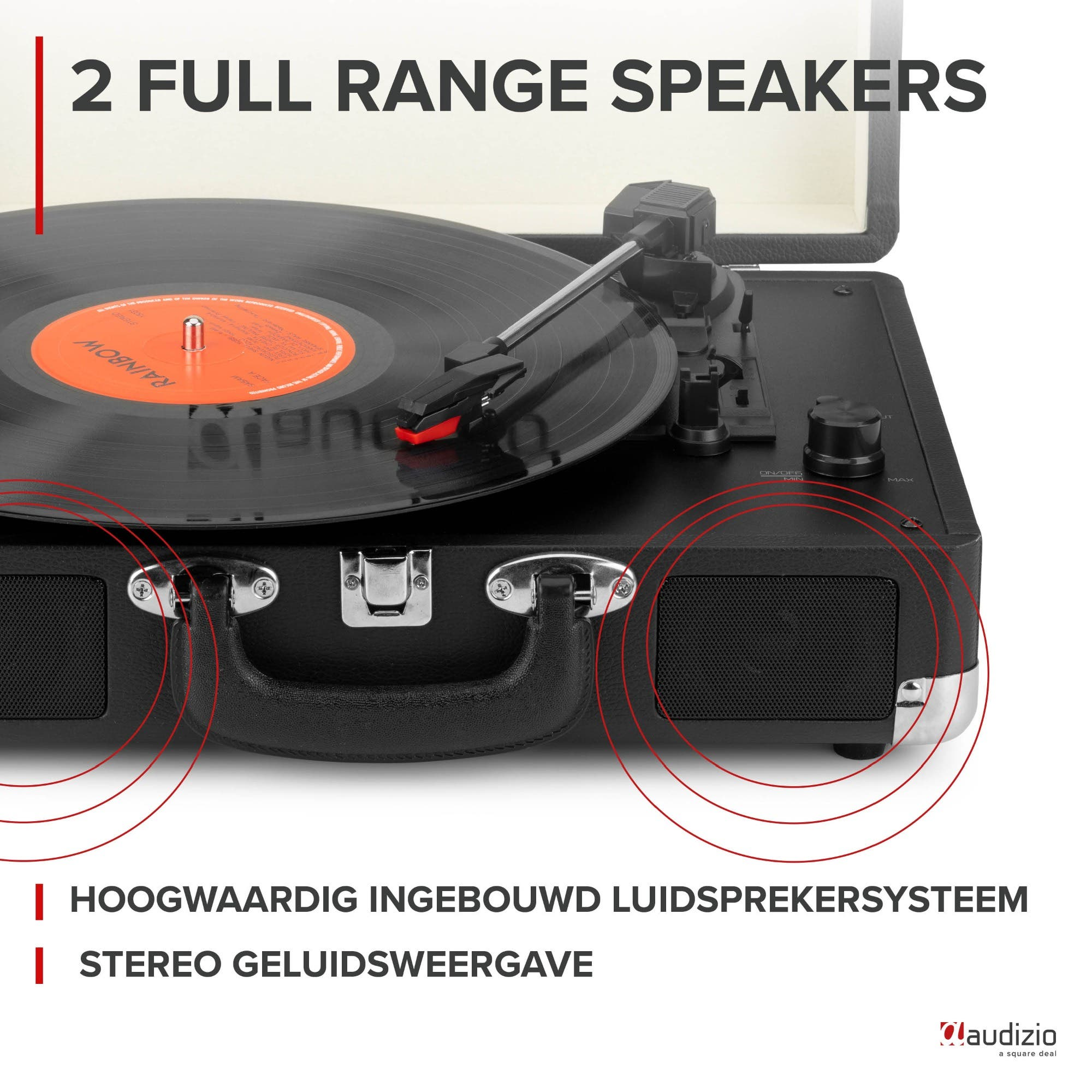 Tocadiscos negro con vinilo y altavoces, texto "2 Full Range Speakers".