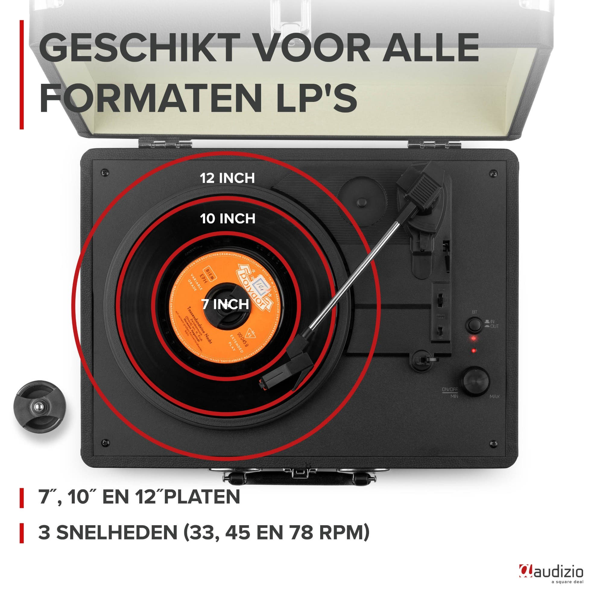 Tocadiscos negro con discos de 7, 10 y 12 pulgadas. Con ajustes de velocidad.