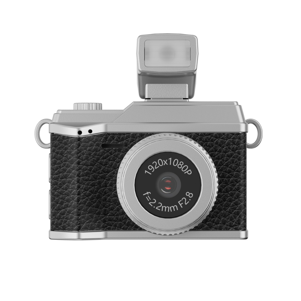 Eine schwarze Retro-Kamera mit ausklappbarem Blitz und silbernen Details.