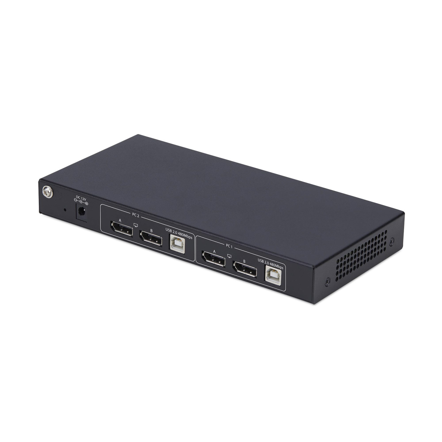Switch KVM rettangolare nero con porte per PC1, PC2, ingresso 12V CC e USB 2.0.