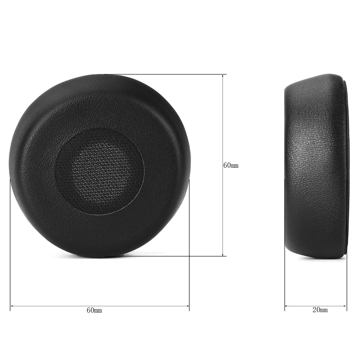 Schwarzer Ohrpolster (60mm x 20mm) mit Gittermuster, Front- und Seitenansicht.