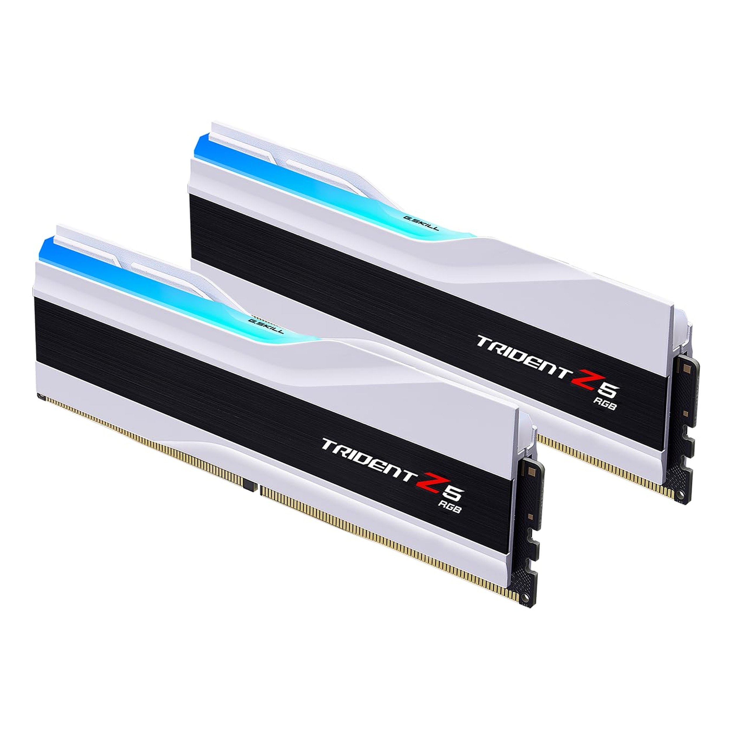 Due moduli RAM bianchi con strisce nere e illuminazione RGB blu.