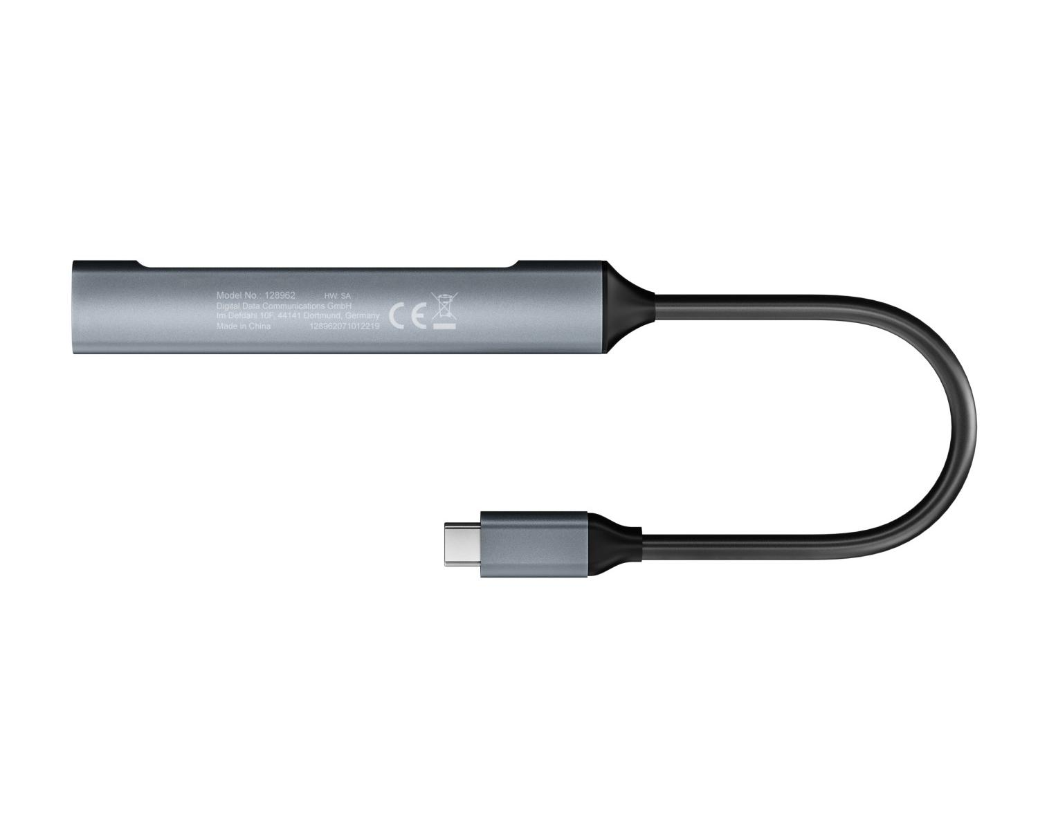 Adaptador USB-C gris con cable y marca CE.