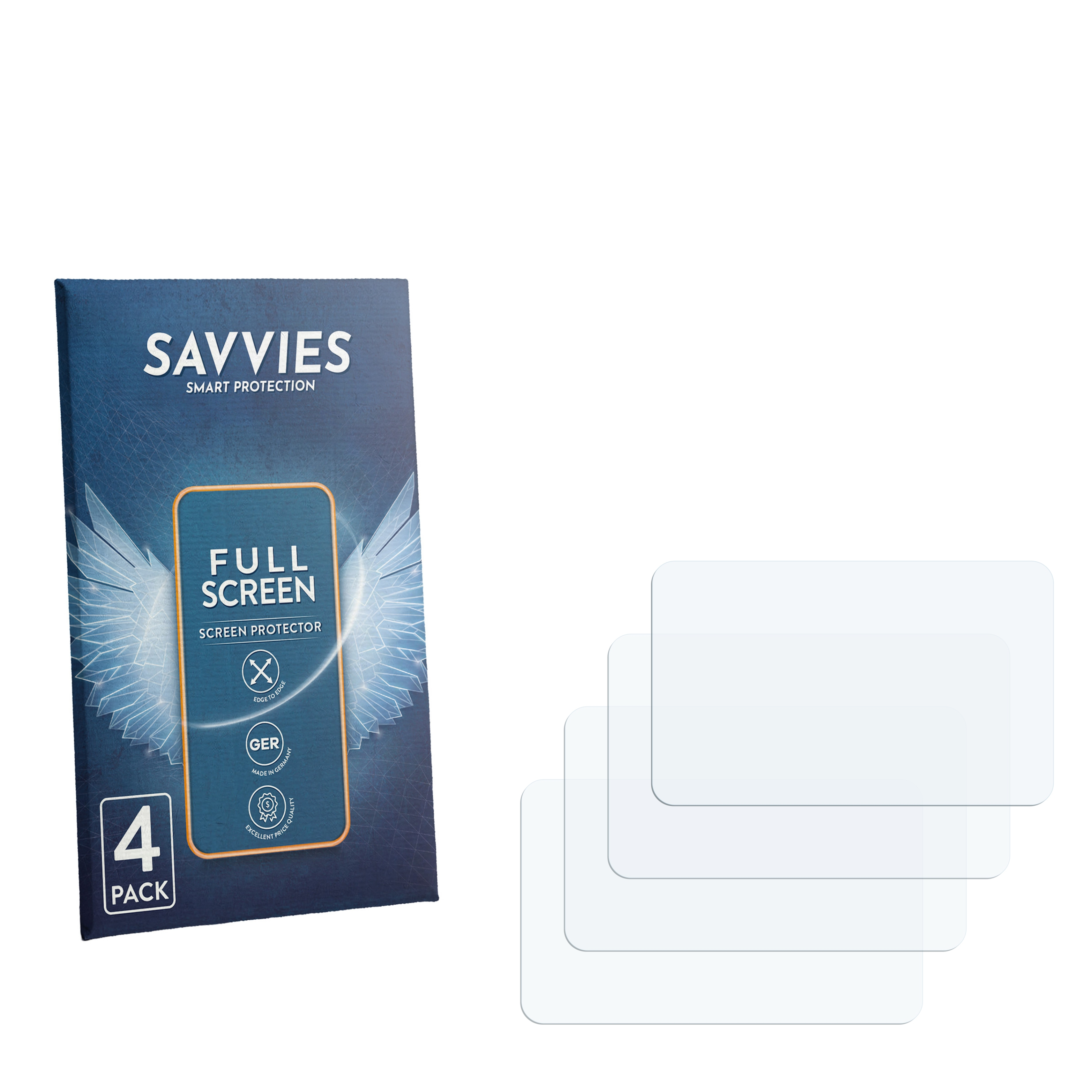 Verpackung von Savvies Displayschutzfolien mit 4 Stück und drei Schutzfolien.