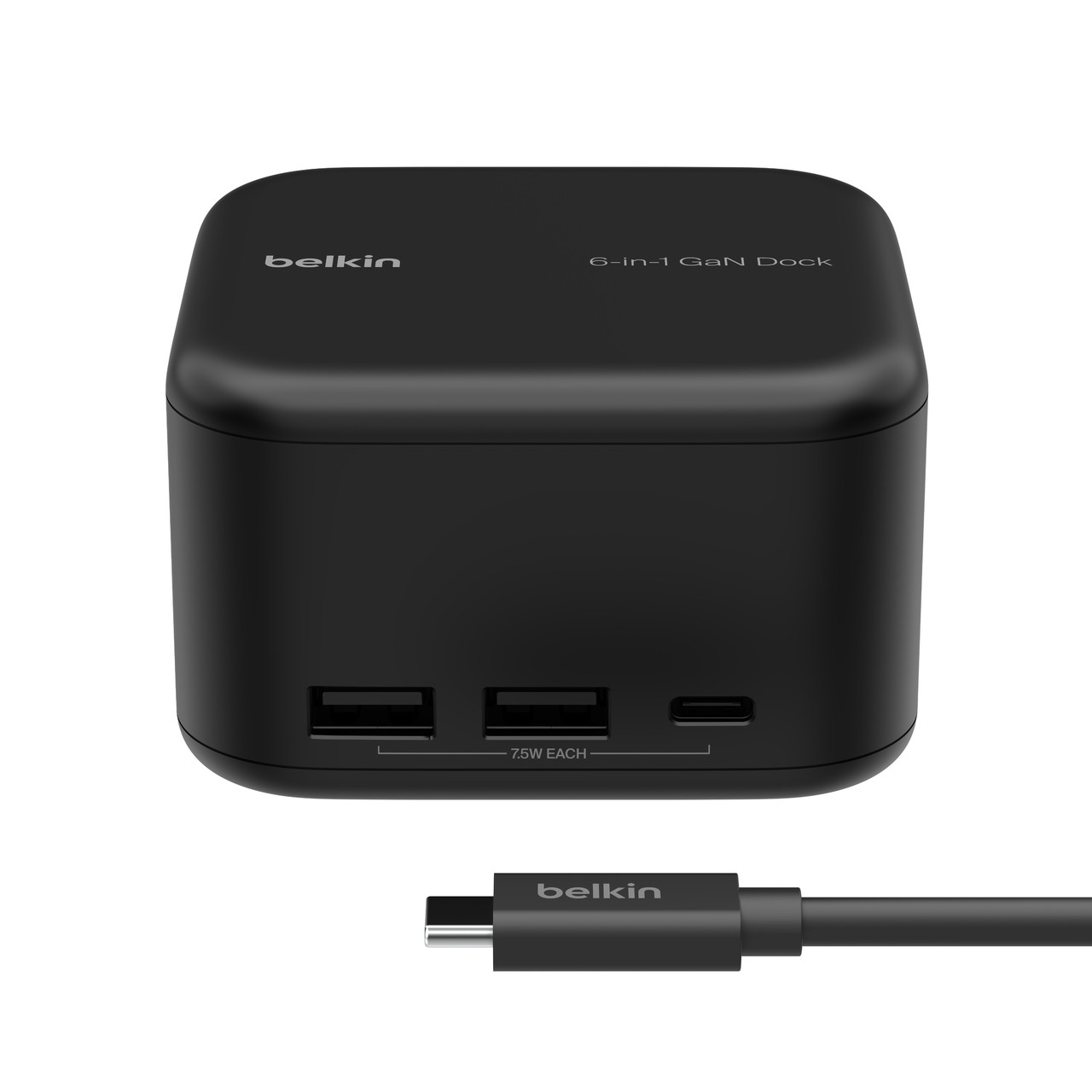 Dock Belkin 6-in-1 GaN nero con porte USB-A, USB-C e un cavo.