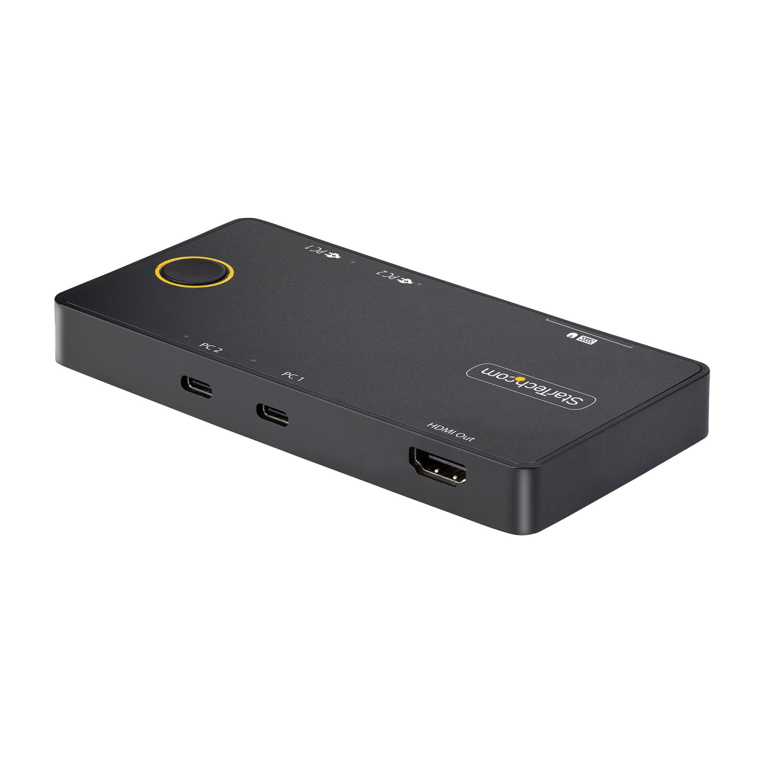Switch KVM StarTech.com USB-C de 2 puertos negro con salida HDMI, puertos USB-C y botón selector.