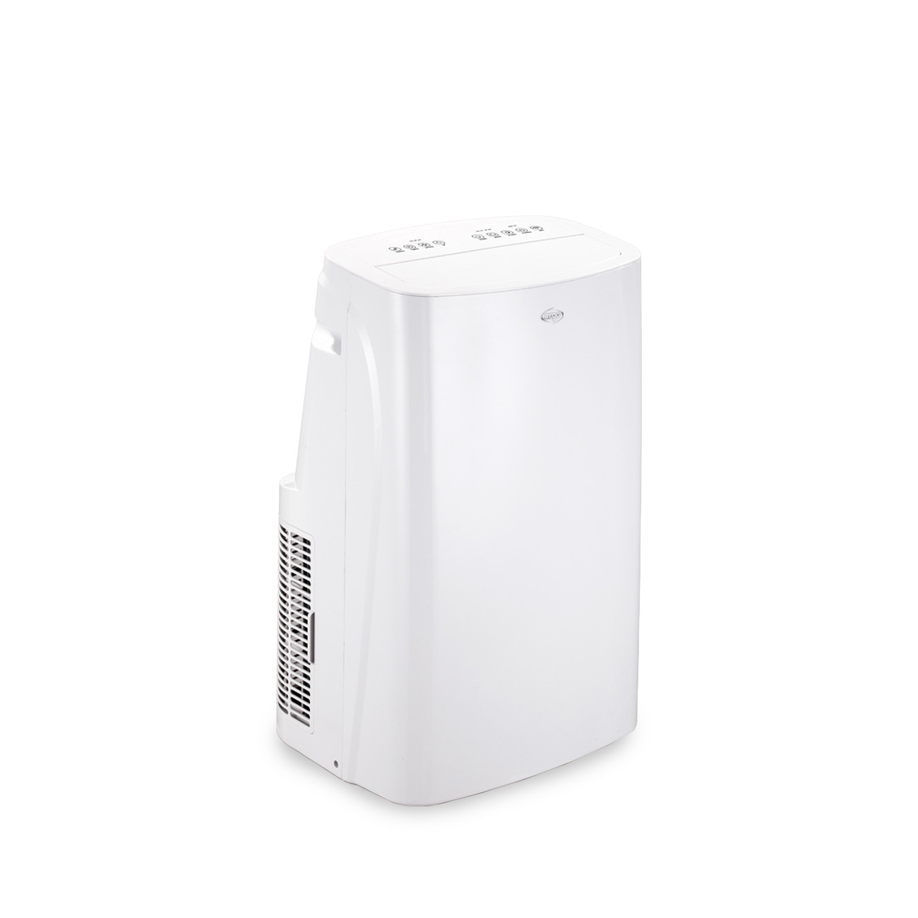 Un condizionatore d'aria portatile bianco su sfondo bianco.