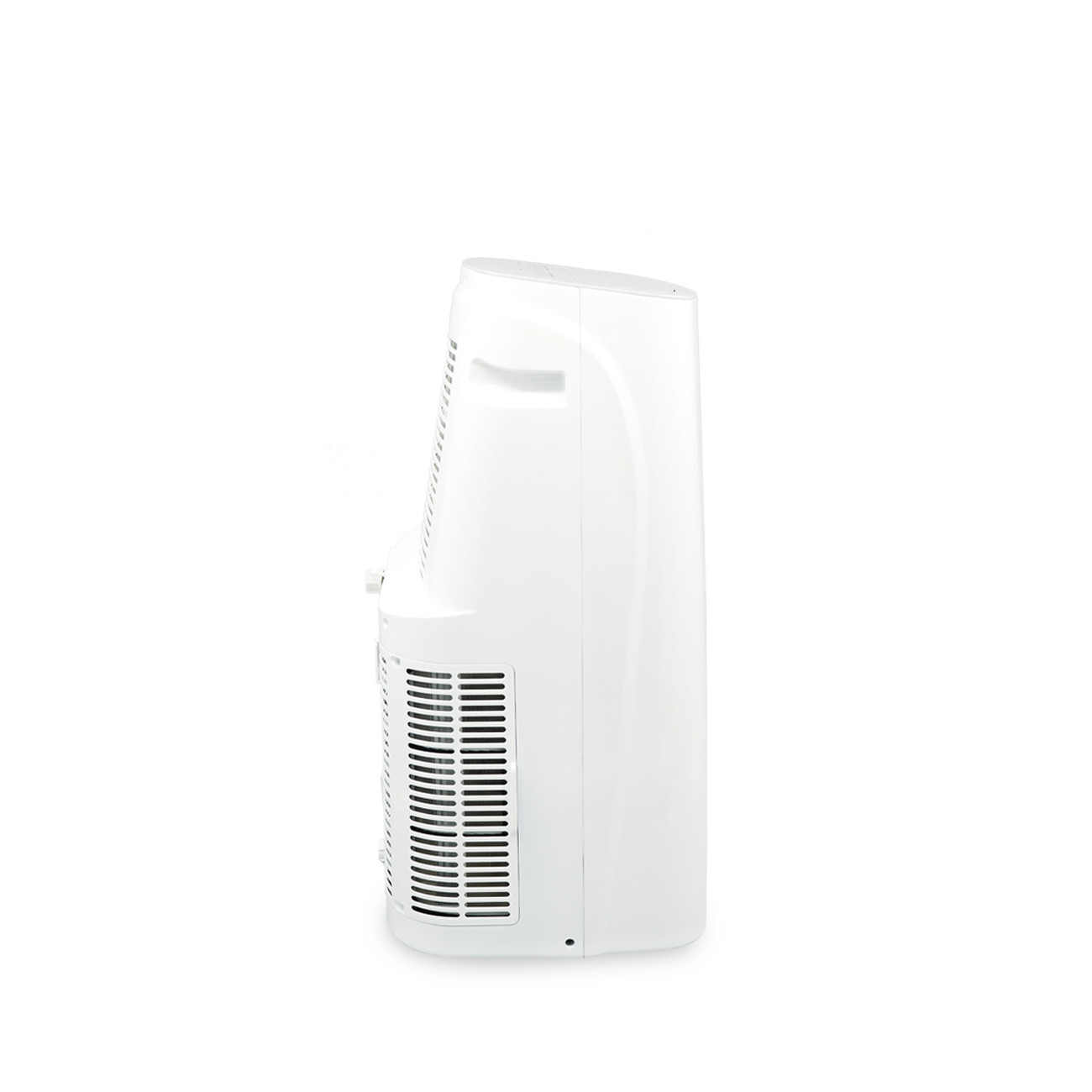 Un deumidificatore portatile bianco è mostrato di lato su sfondo bianco.