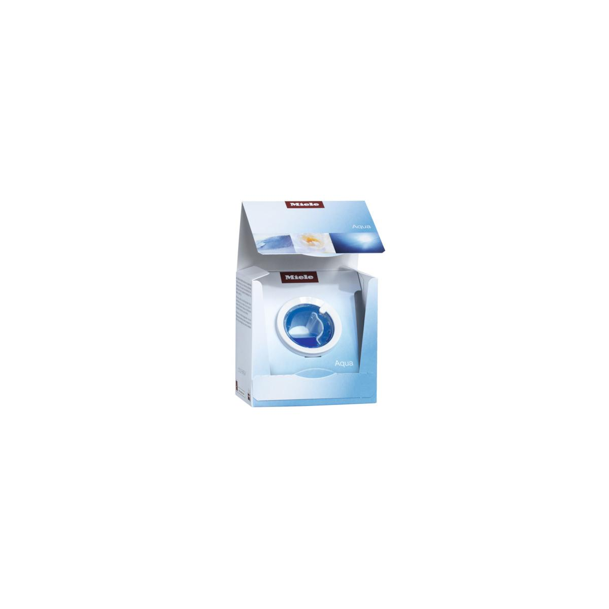 Opakowanie pralki Miele z logo "Aqua", drzwi otwarte.