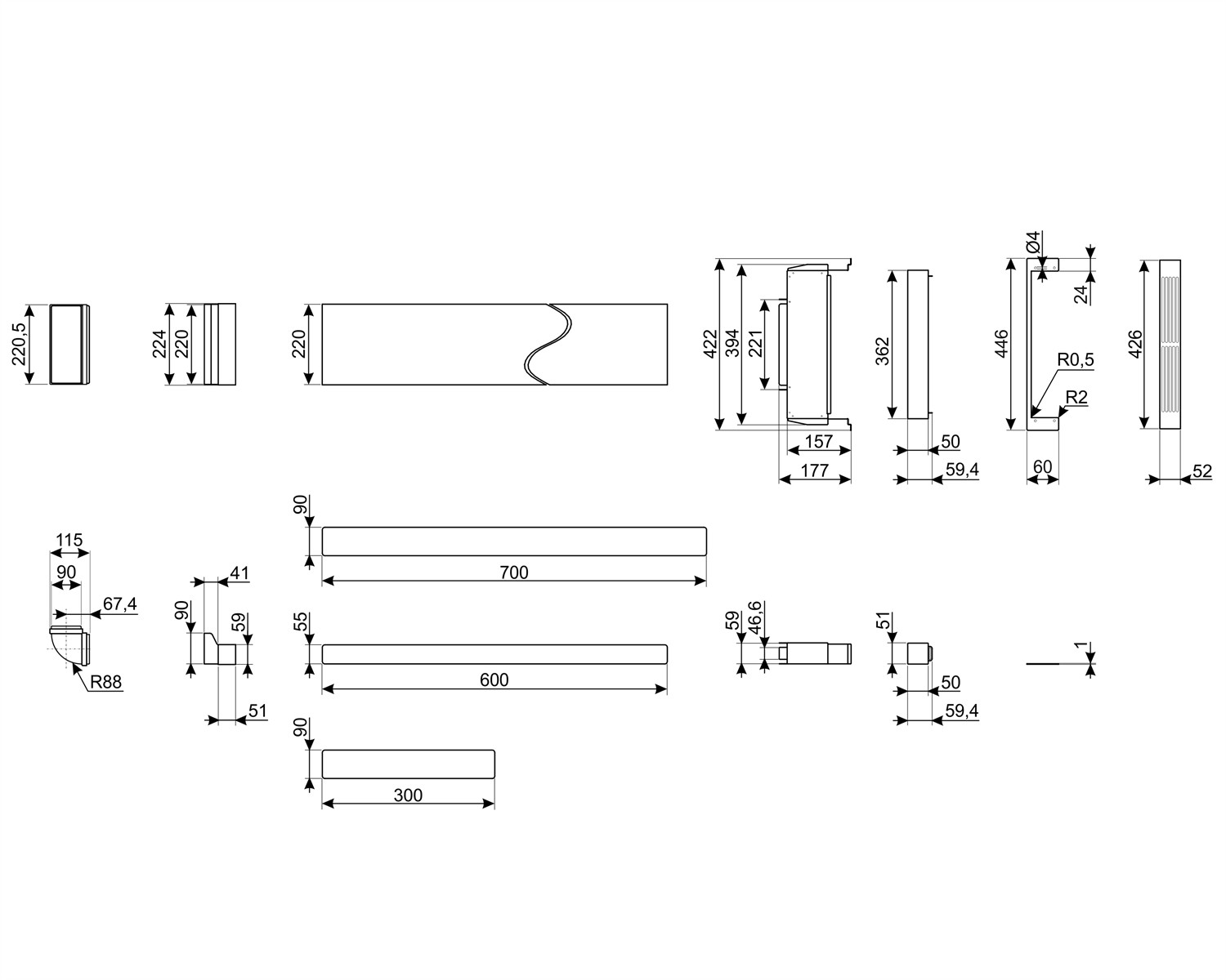Disegno tecnico con dimensioni per varie parti, inclusi rettangoli, cilindri e angoli.