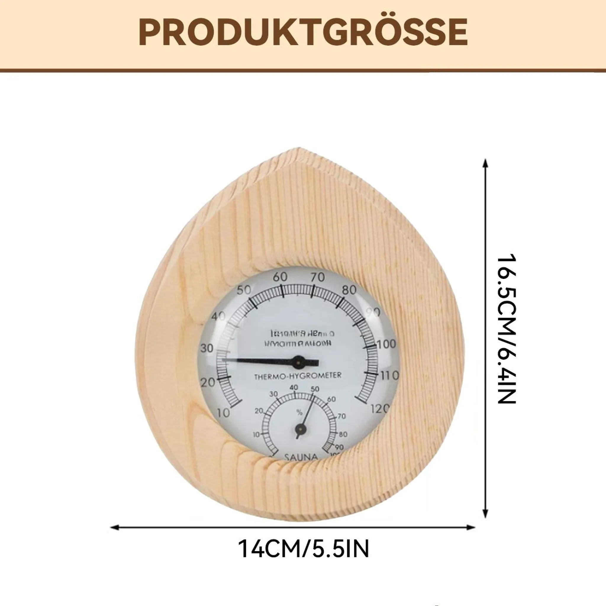 Ein Thermo-Hygrometer aus Holz mit den Maßen 14 cm x 16,5 cm.