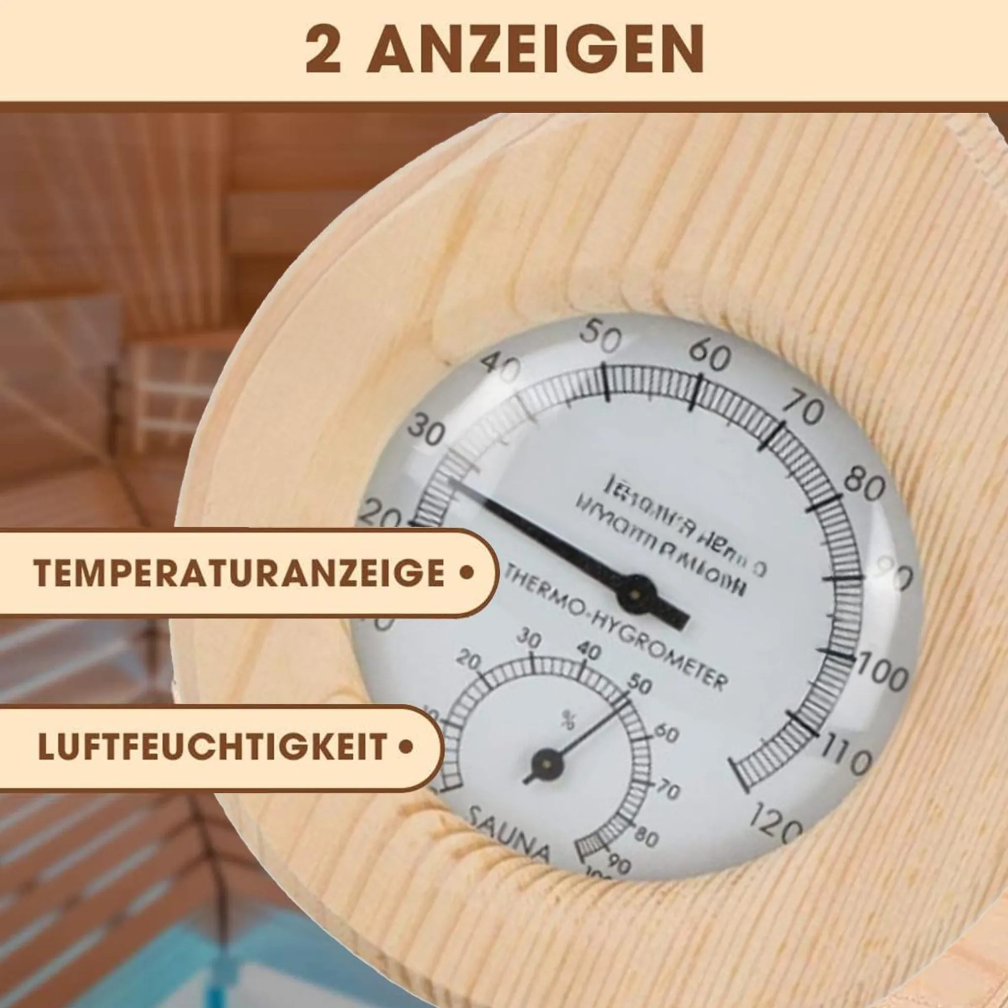 Ein Thermometer-Hygrometer aus Holz zeigt Temperatur und Luftfeuchtigkeit in einer Sauna an.