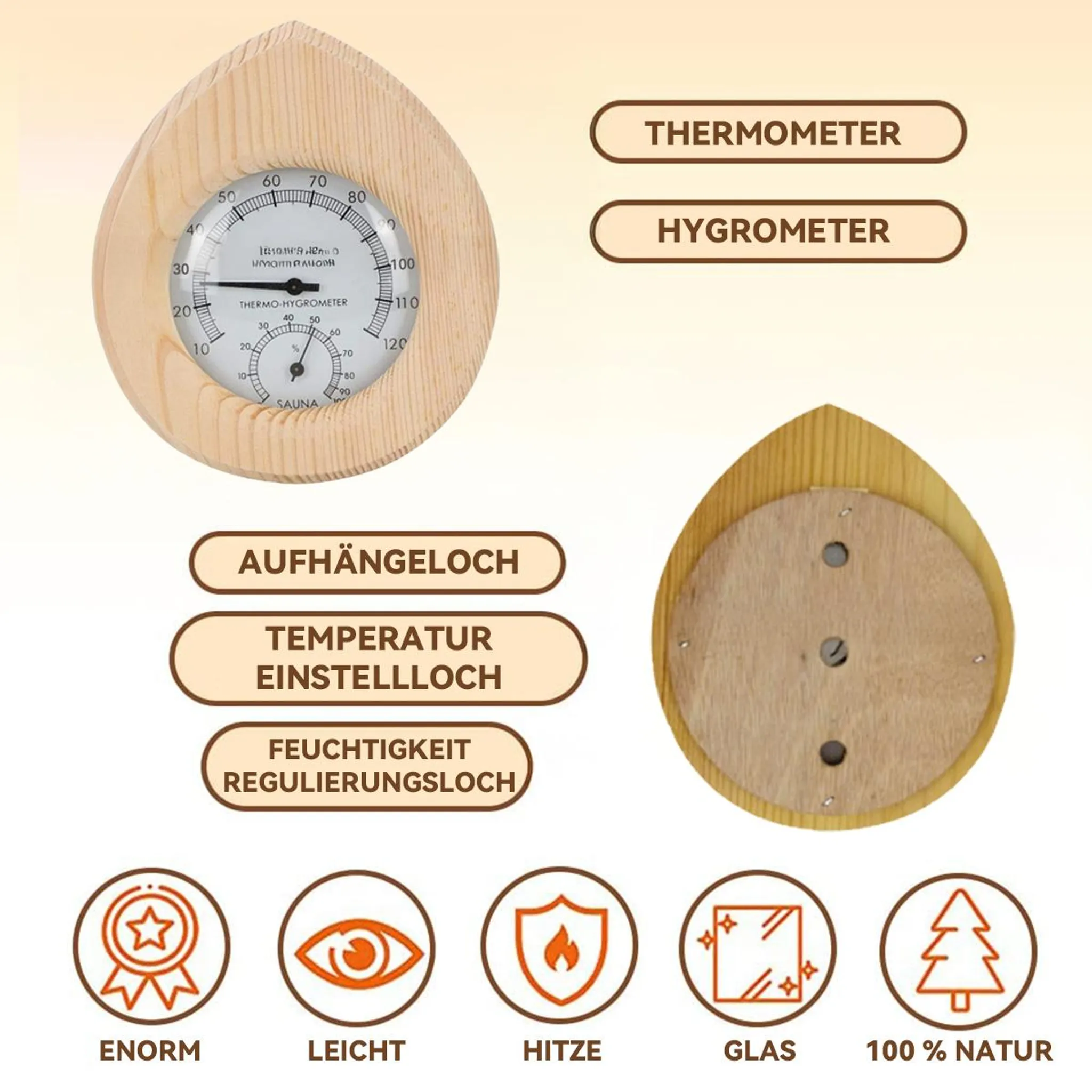 Holz-Thermometer und Hygrometer für Sauna mit Symbolen für Enorm, Leicht, Hitze, Glas, 100% Natur.