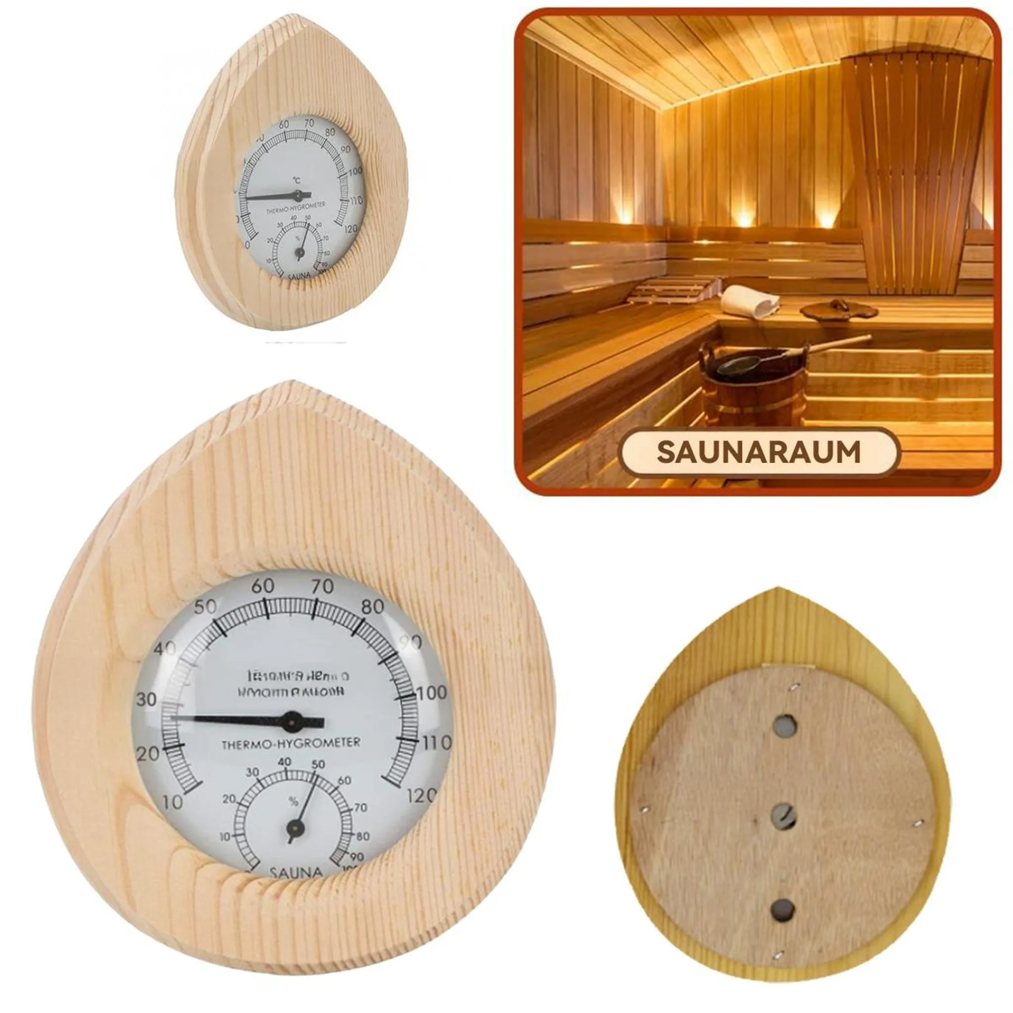 Holz-Thermo-Hygrometer in Tropfenform und eine Sauna.