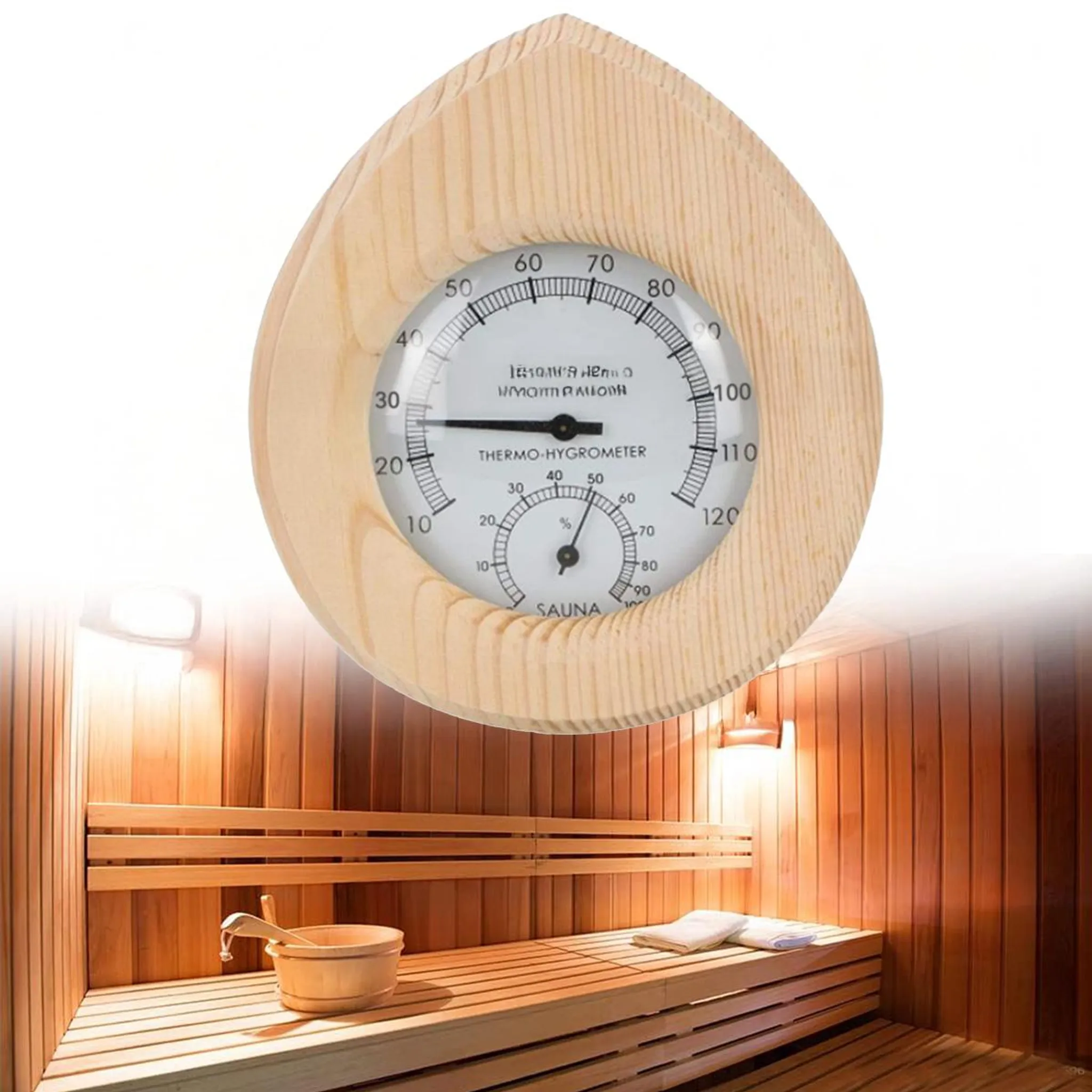 Sauna-Thermo-Hygrometer aus Holz mit Temperatur- und Feuchtigkeitsanzeigen.
