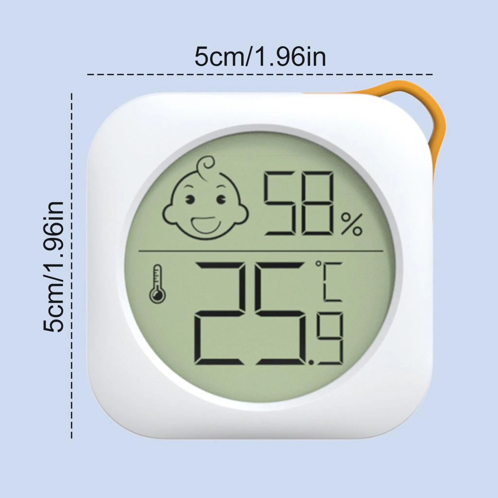 Ein digitaler Thermometer-Hygrometer mit Baby-Symbol zeigt 58% Luftfeuchtigkeit und 25,9°C an.