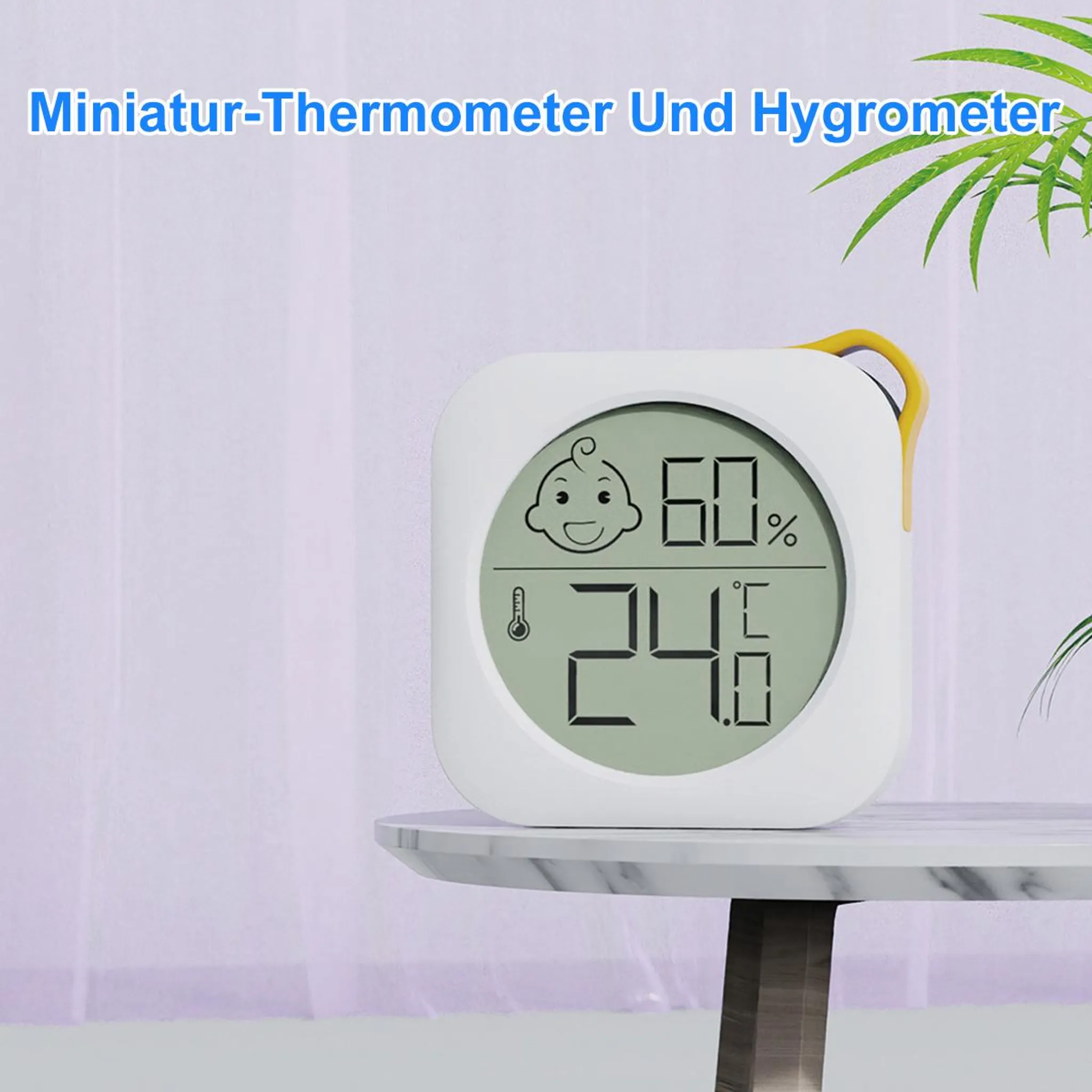 Ein weißer digitaler Thermometer und Hygrometer zeigt 24°C und 60% Luftfeuchtigkeit an.