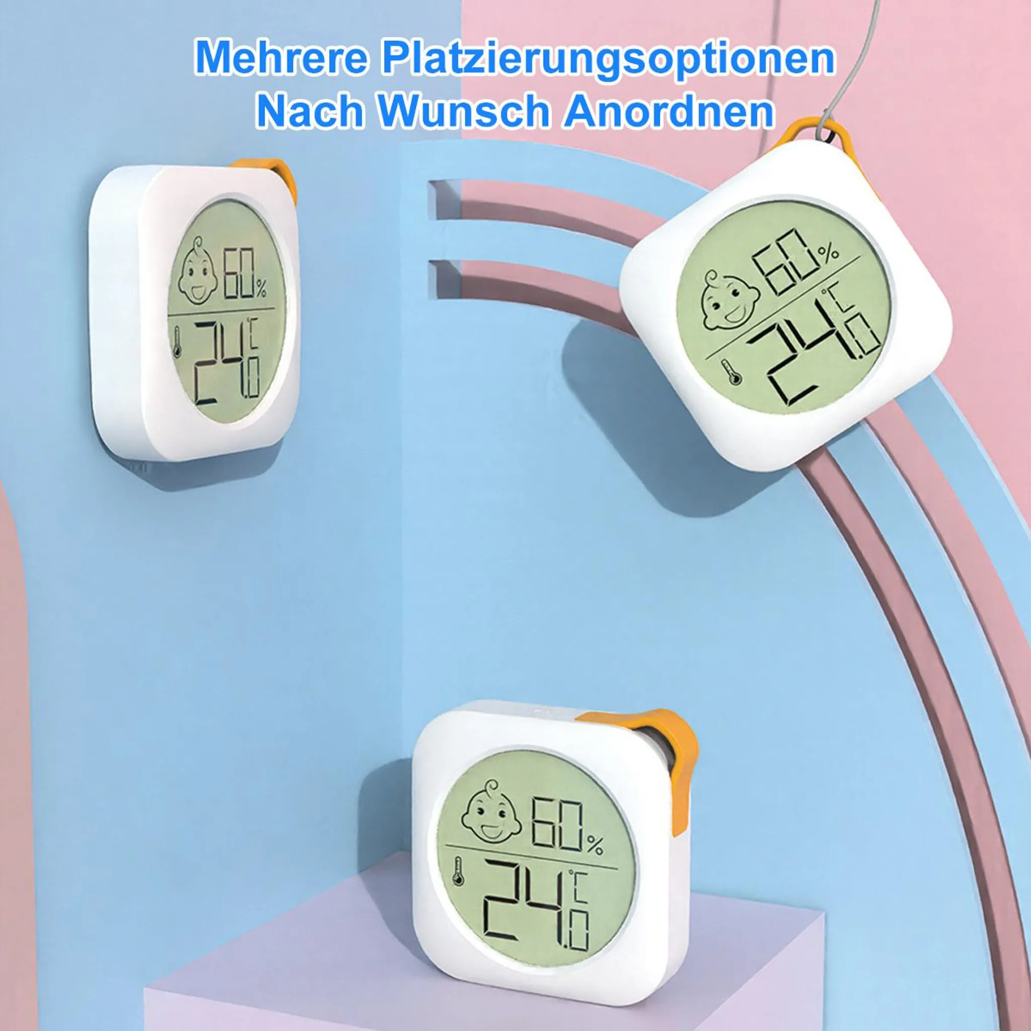 Drei digitale Thermometer/Hygrometer mit Baby-Symbol, 24 Grad, 60% Luftfeuchtigkeit.