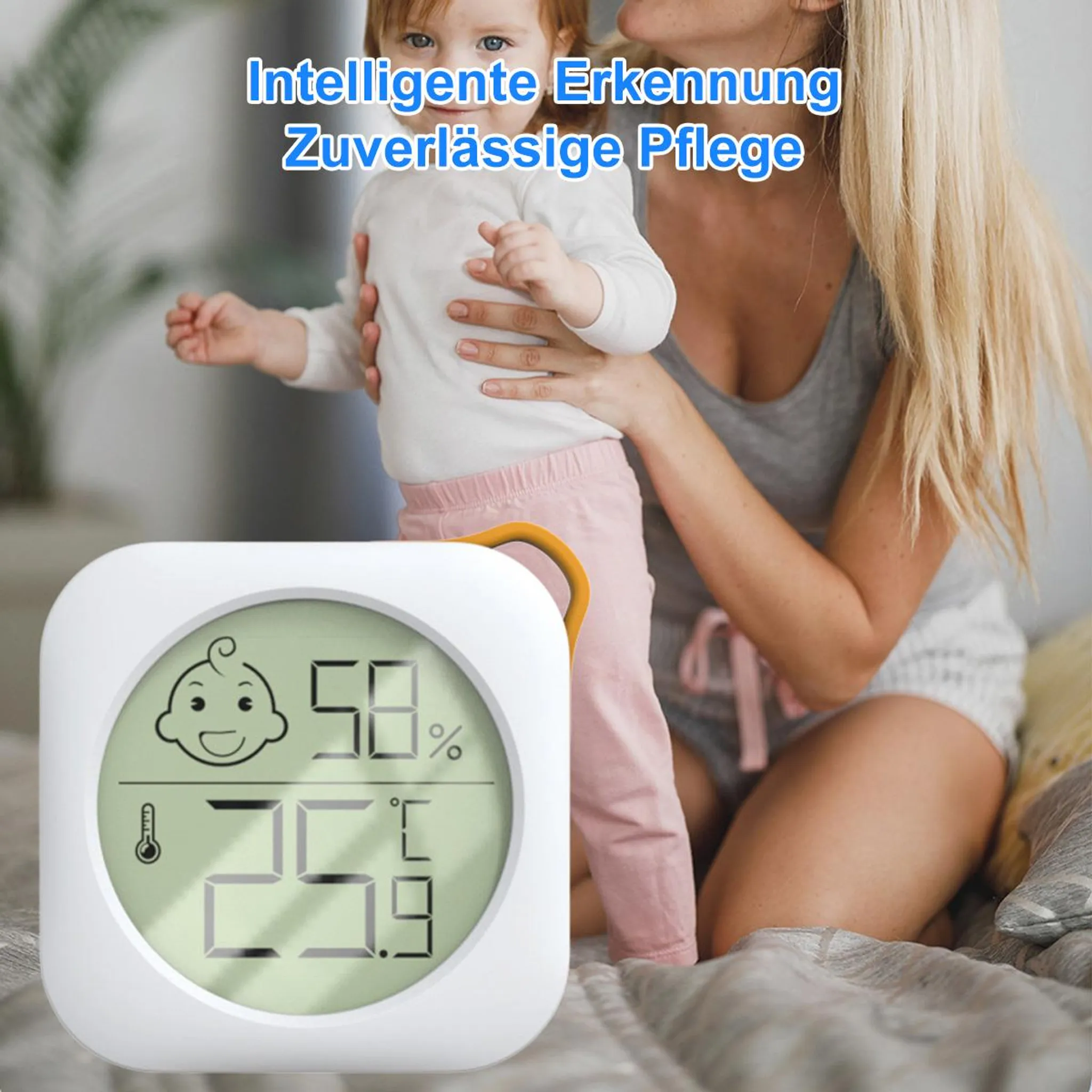 Ein digitaler Hygrometer-Thermometer mit Babybild zeigt 58% Luftfeuchtigkeit und 25.9°C an.
