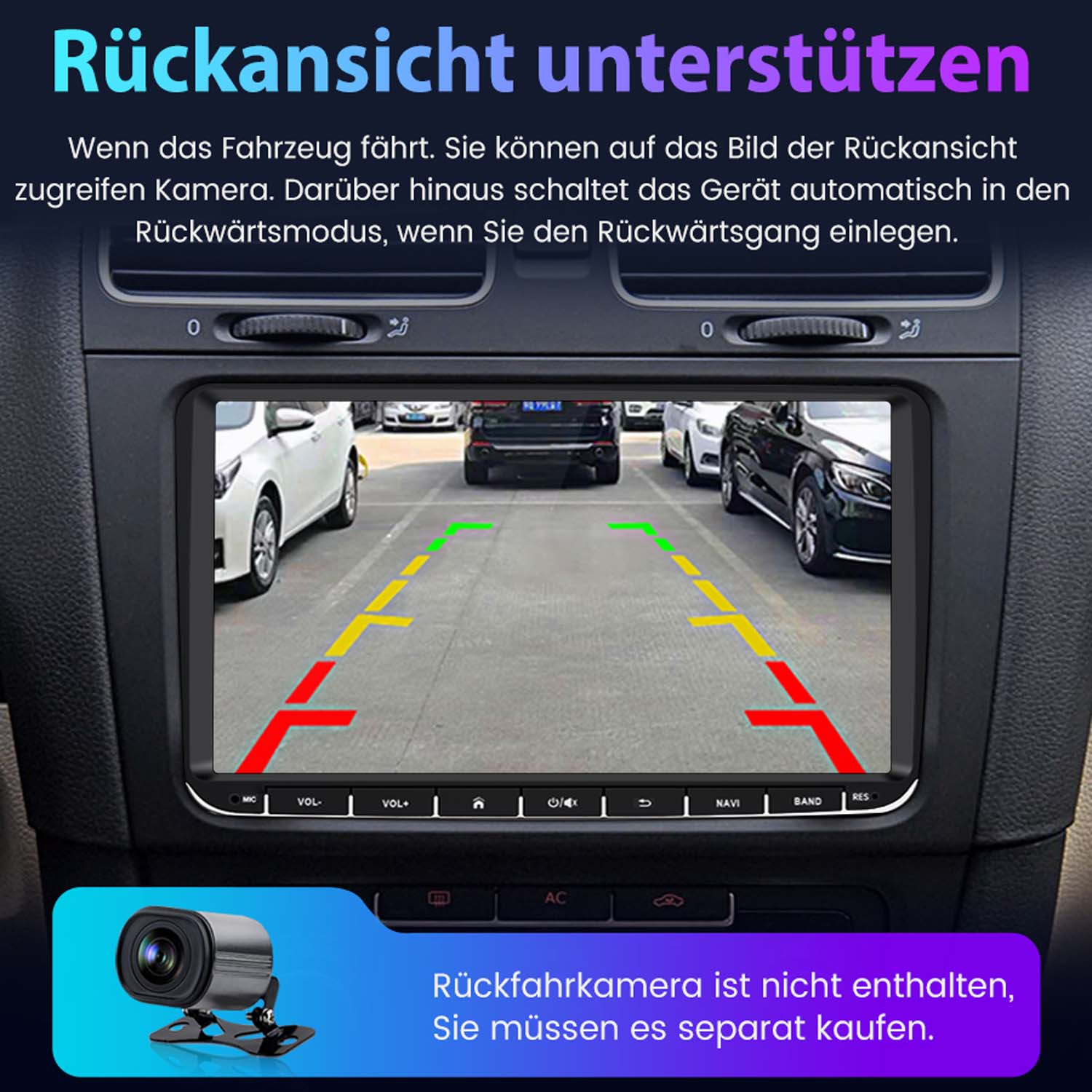 Ein Autoradio zeigt eine Rückfahrkamera-Ansicht mit Parklinien.