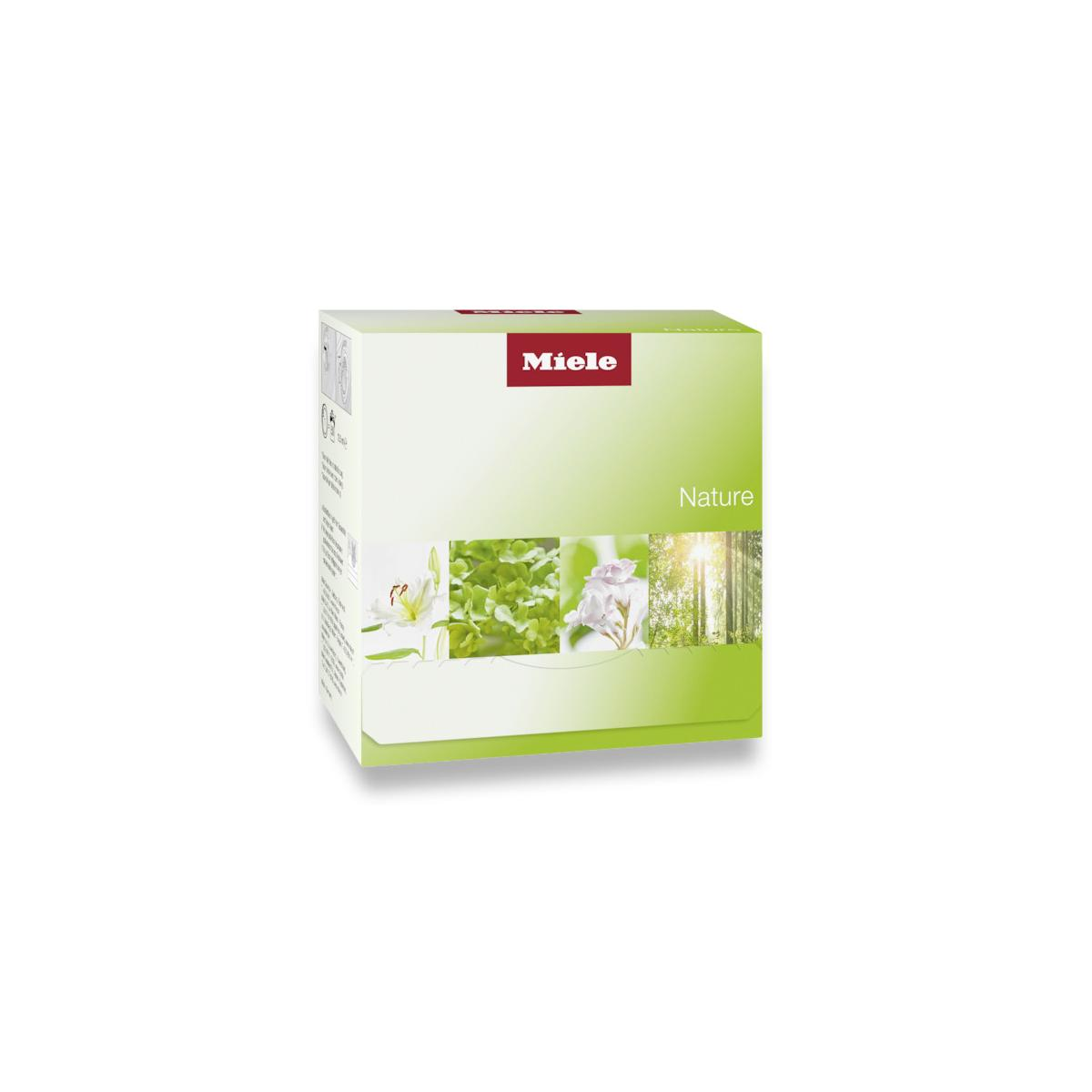 Opakowanie produktu Miele Nature z wizerunkami kwiatów i lasu.