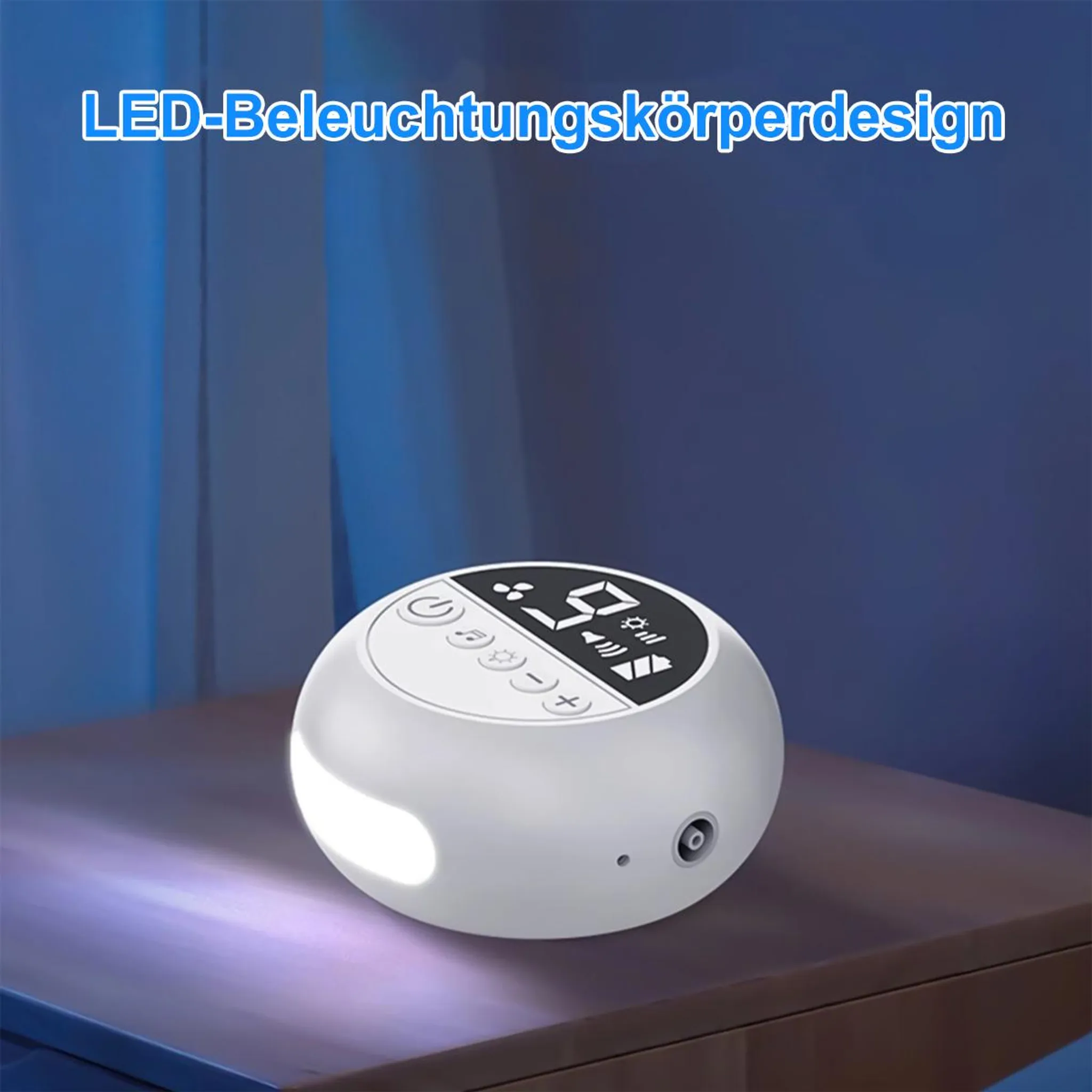 Runde weiße Lampe mit digitaler Anzeige auf einem Nachttisch.