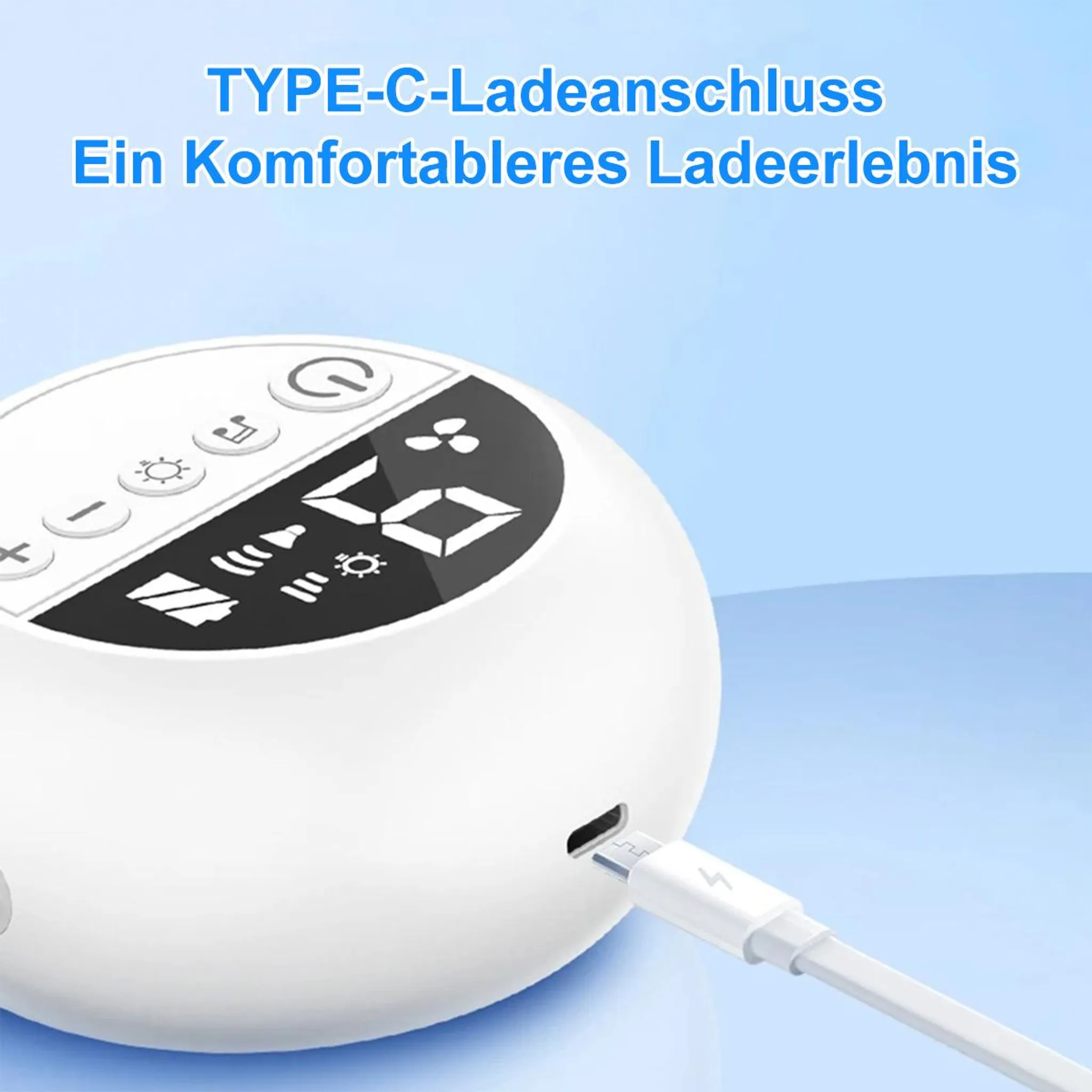 Ein weißes Gerät mit einem weißen Typ-C-Ladekabel, das eingesteckt ist.