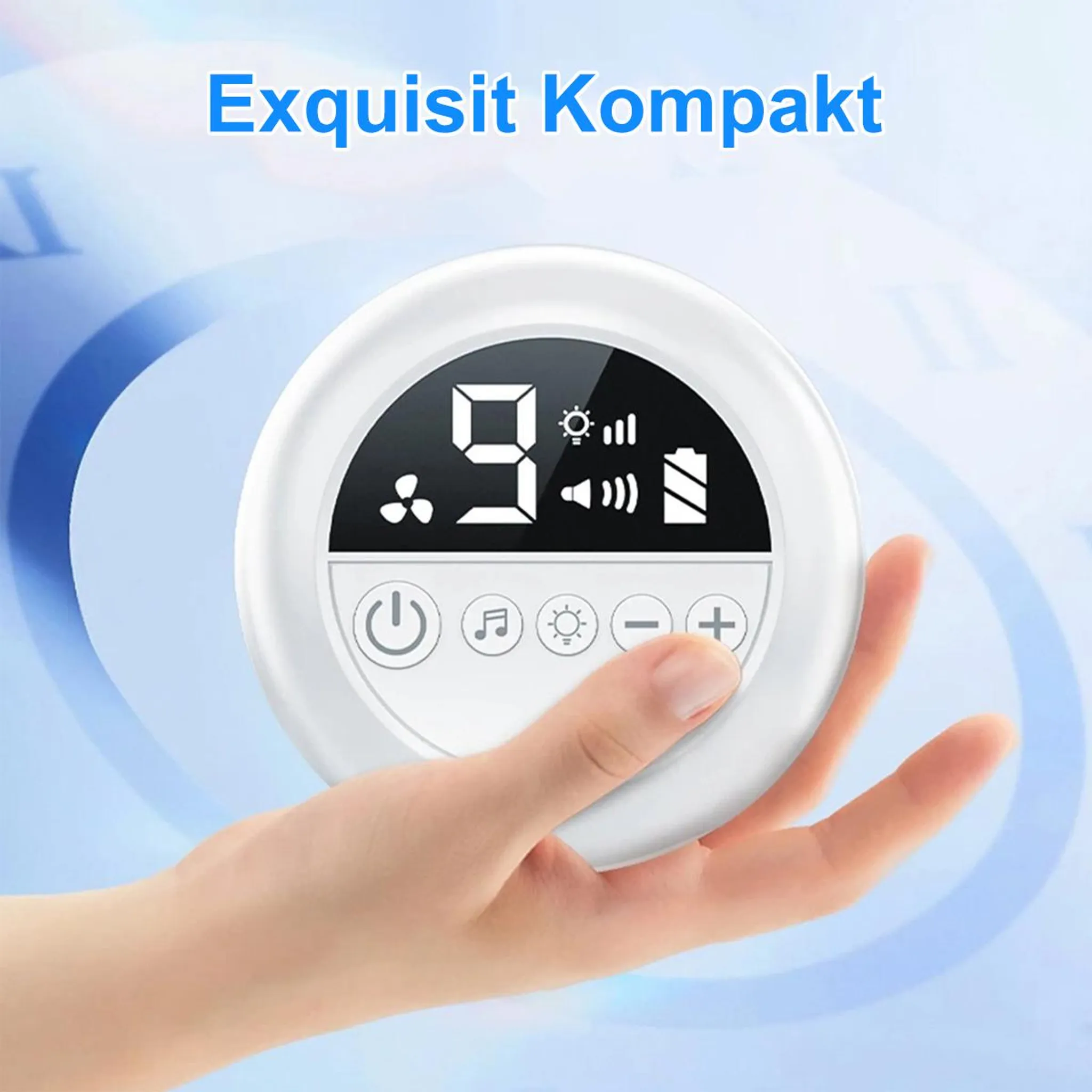 Eine Hand hält ein weißes Gerät mit einem digitalen Display, das '9' und Symbole anzeigt.