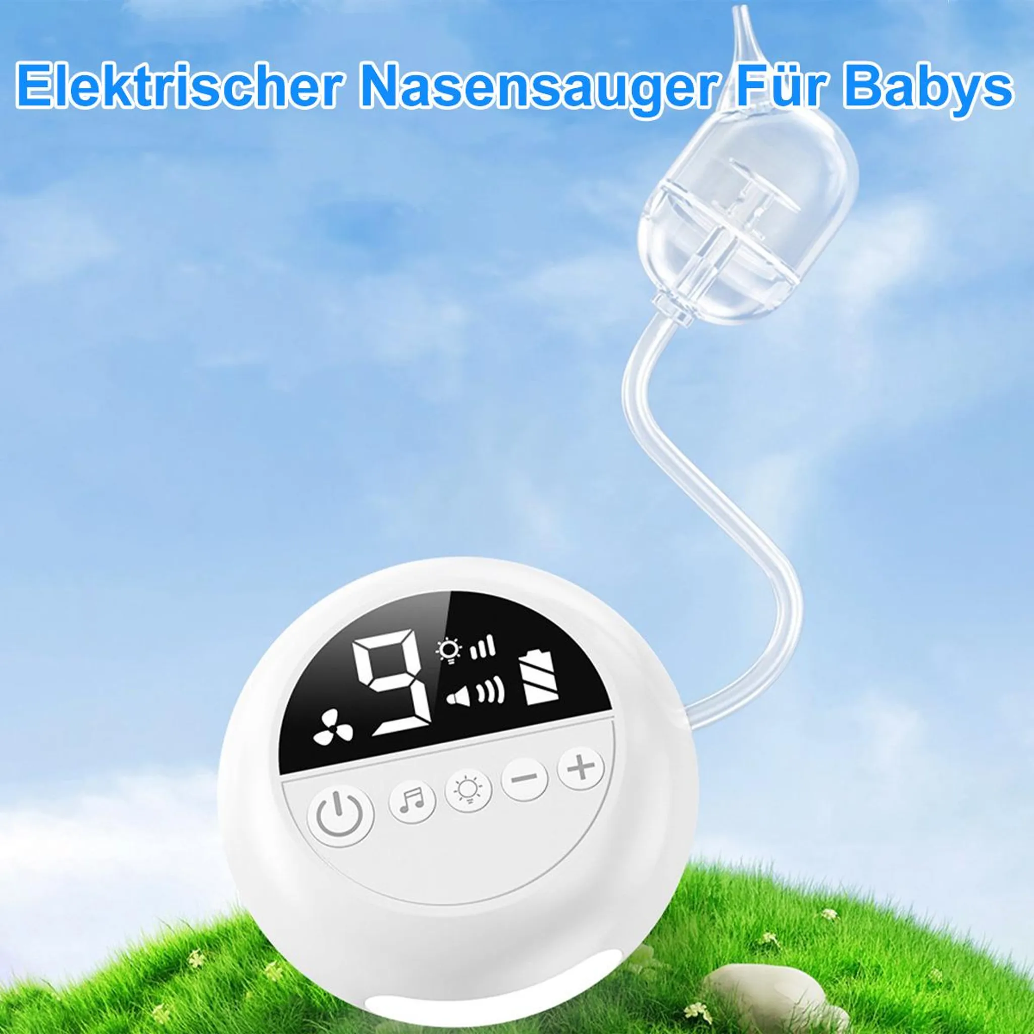 Ein weißer elektrischer Nasensauger mit digitaler Anzeige steht auf grünem Gras vor blauem Himmel.