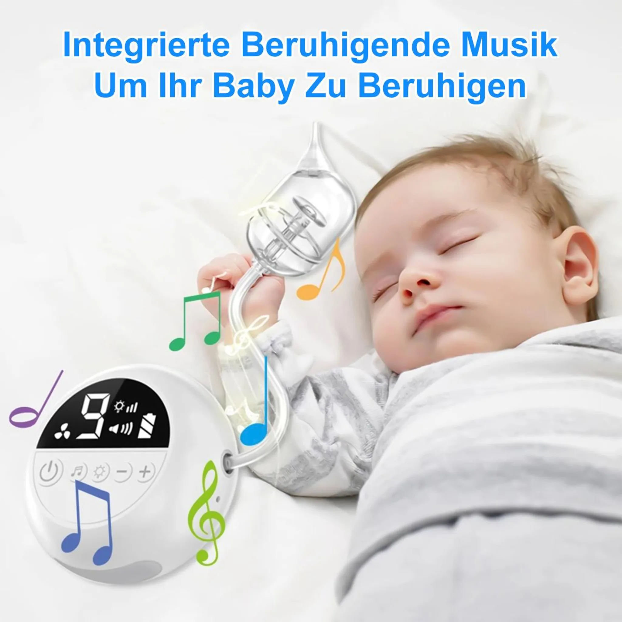 Ein Baby schläft, daneben ein Gerät mit Musiknoten. Integrierte beruhigende Musik.