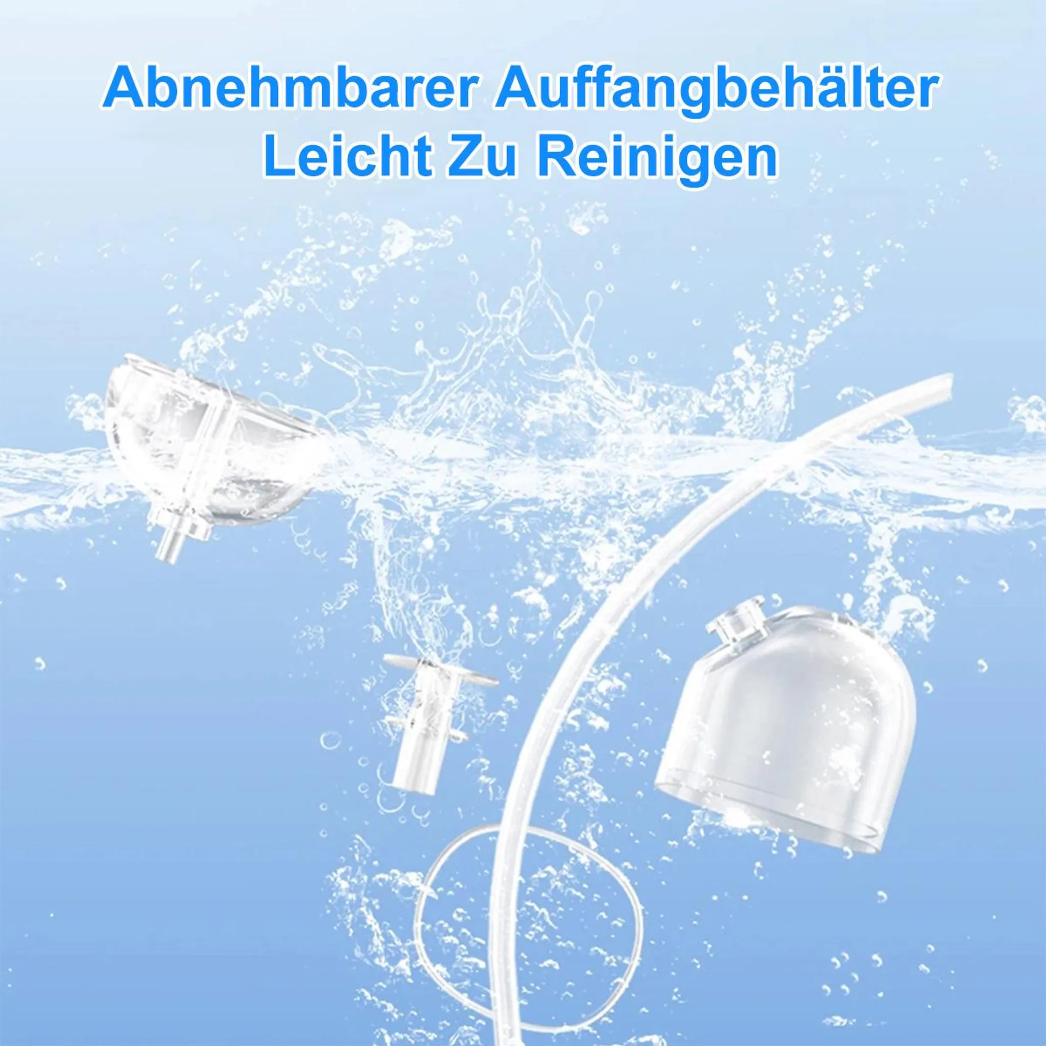 Transparente Teile spritzen in Wasser. Abnehmbarer Auffangbehälter, leicht zu reinigen.