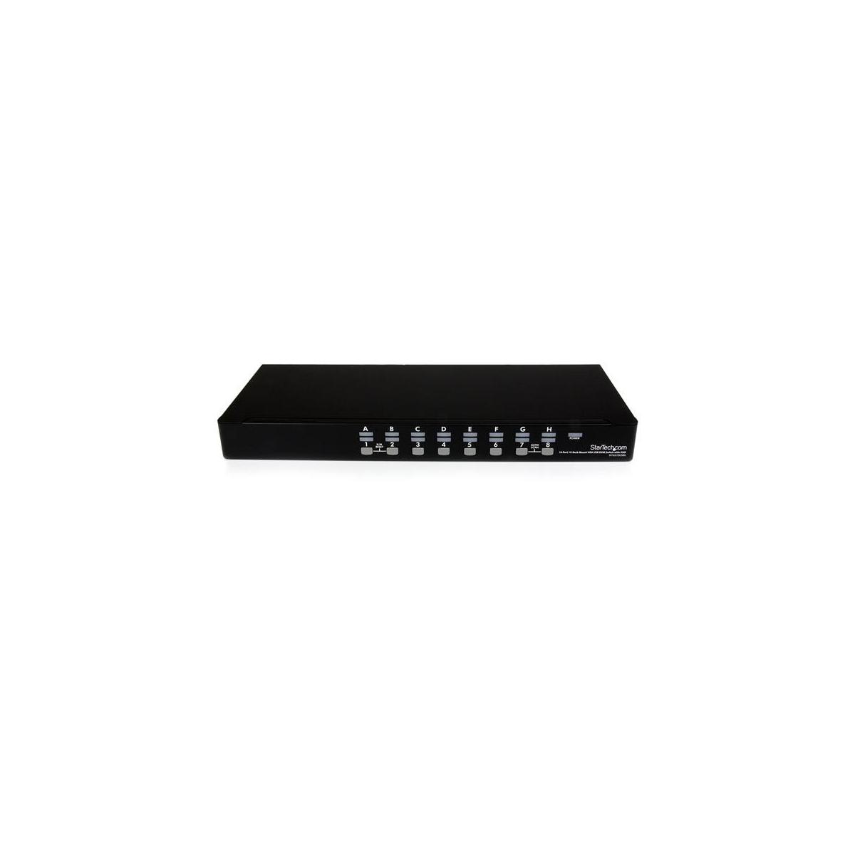 Zwarte 8-poorts KVM-switch met gelabelde knoppen en lampjes. StarTech.com logo zichtbaar.