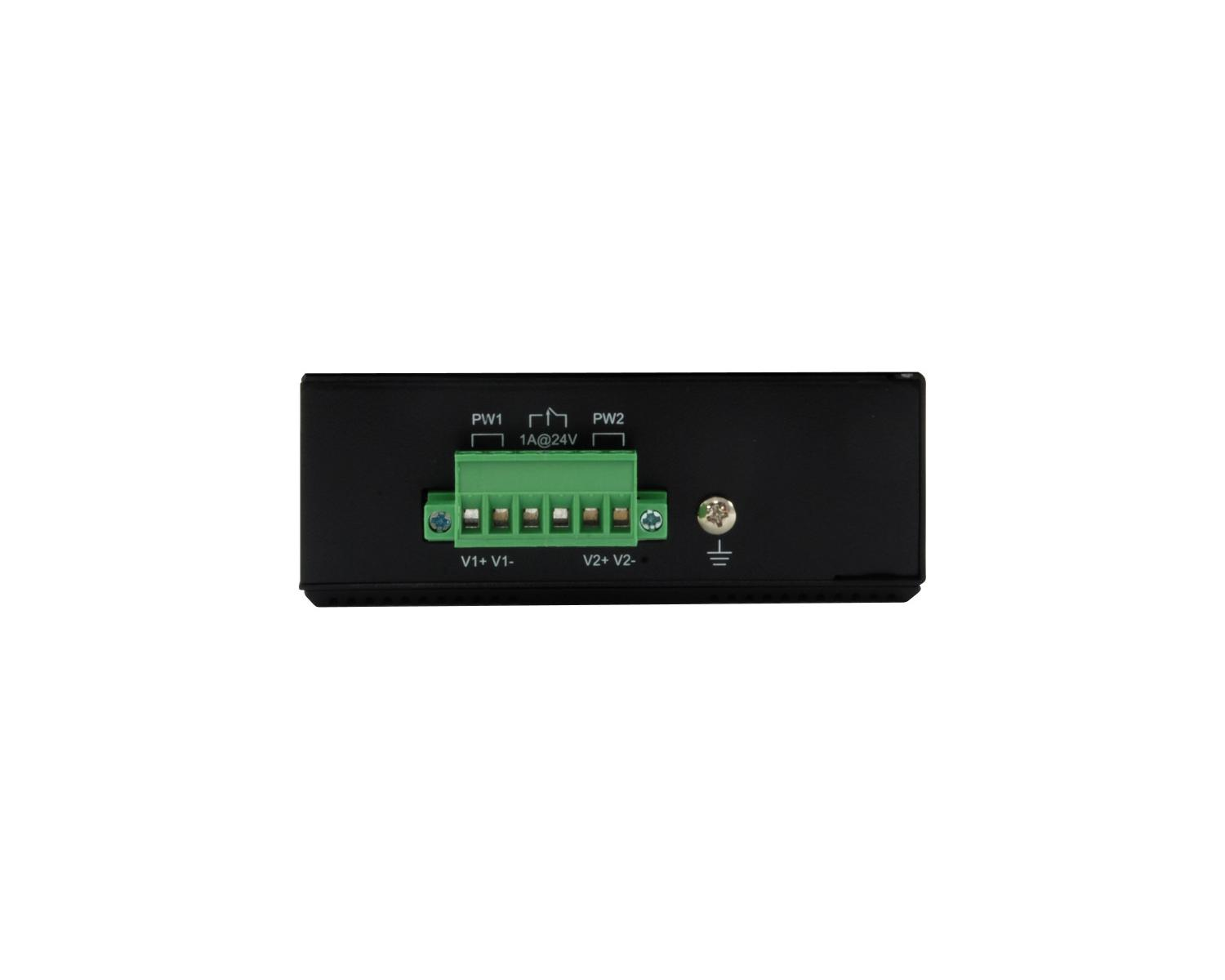 Scatola nera con morsettiera verde etichettata PW1, 1A@24V, PW2, V1+, V1-, V2+, V2-.