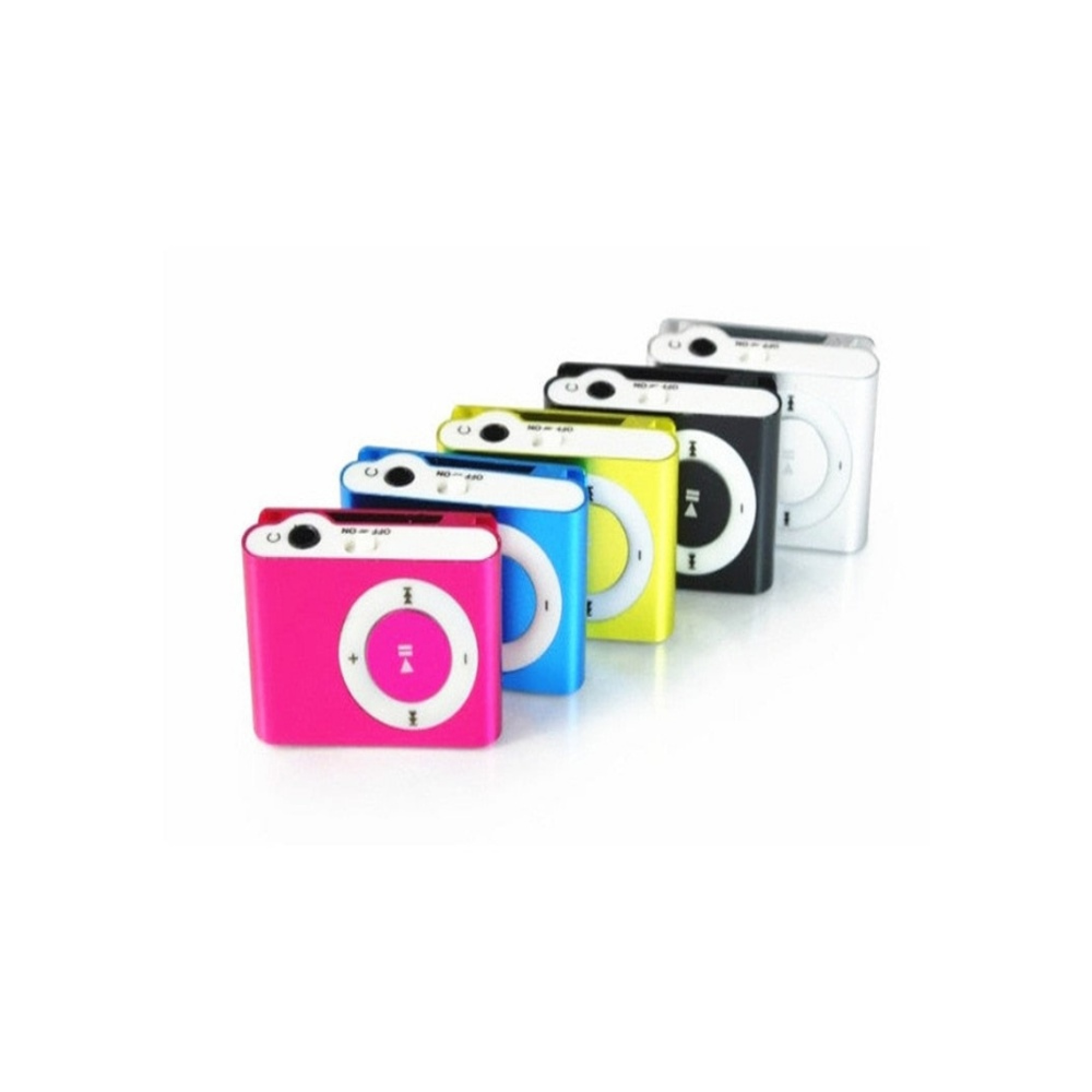 Fünf bunte MP3-Player in einer Reihe: Pink, Blau, Gelb, Schwarz, Silber.