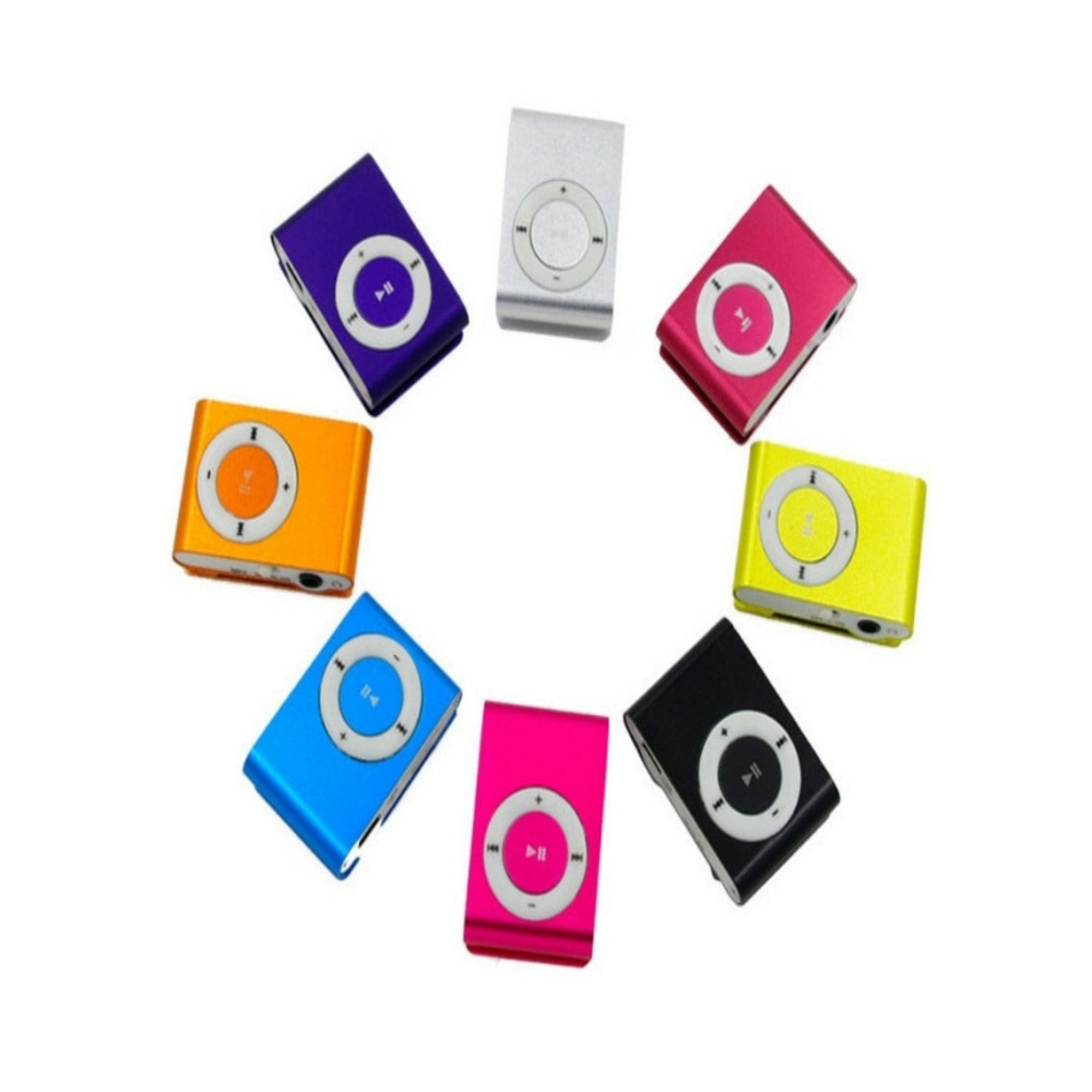 A circle of small, colorful music players: purple, orange, blue, pink, black, yellow, and silver.