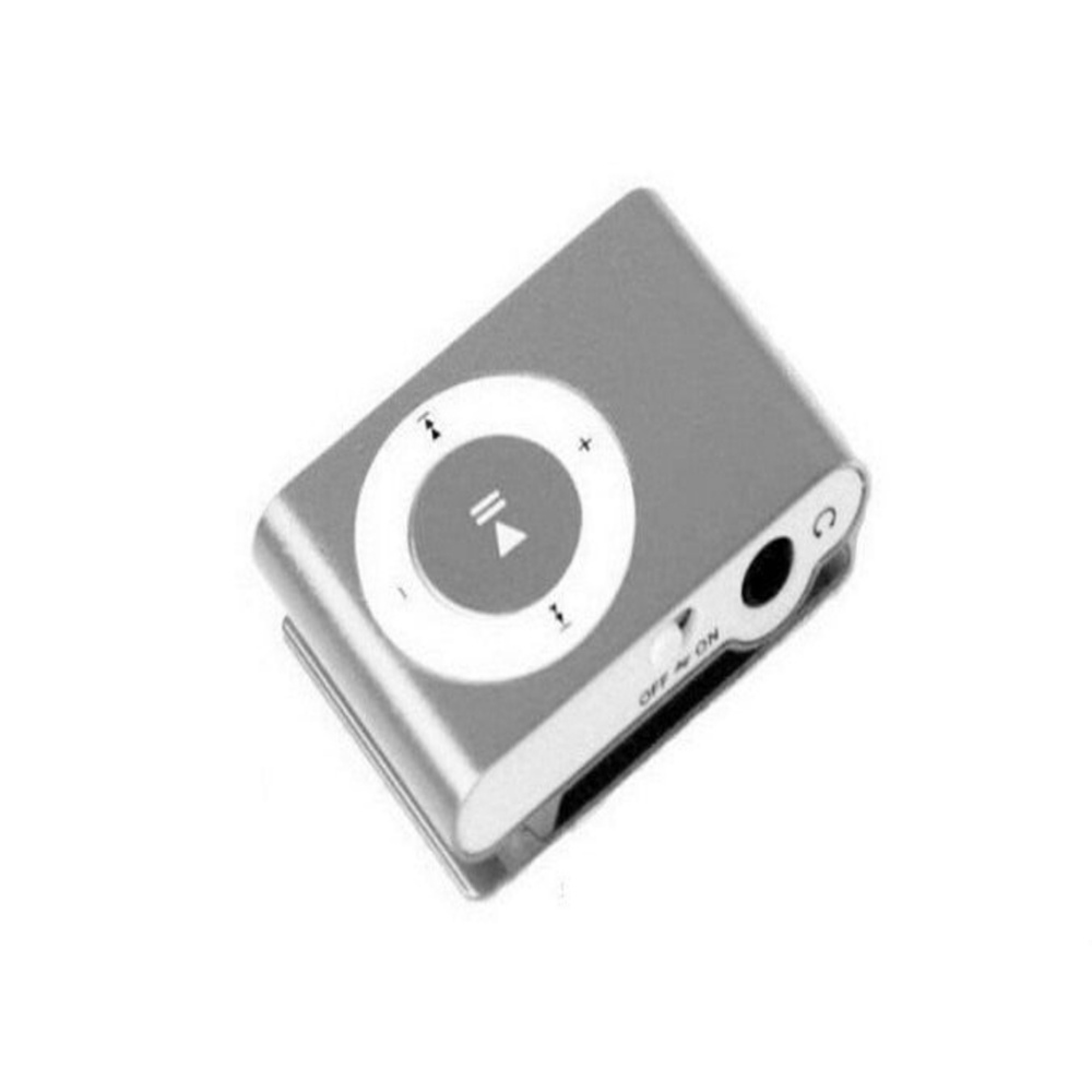 Ein kleiner silberner MP3-Player mit einem runden Steuerkreuz und einem Netzschalter.