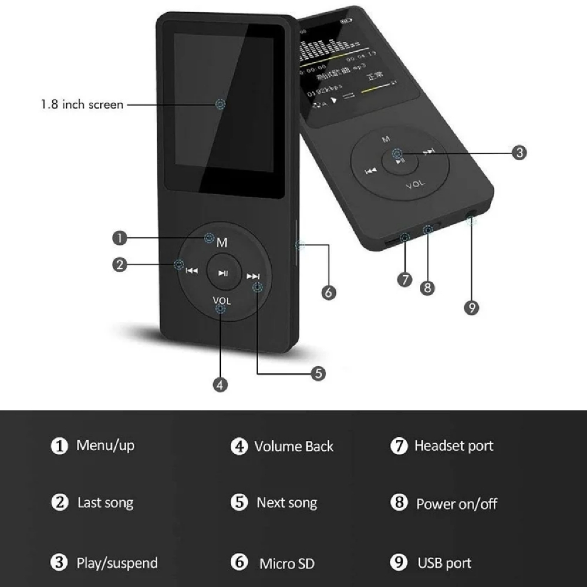 Zwei schwarze MP3-Player mit 1,8-Zoll-Bildschirmen und Bedienelementen.
