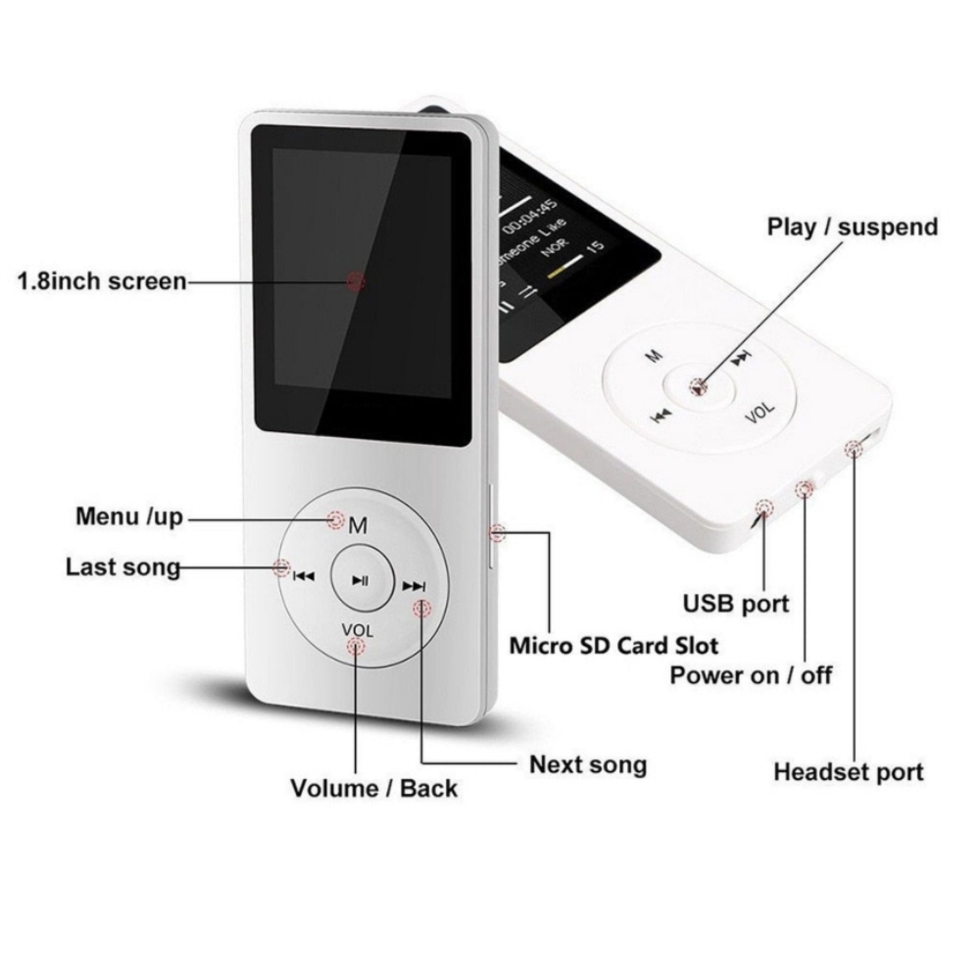 Ein weißer MP3-Player mit 1,8-Zoll-Bildschirm und Bedienelementen.